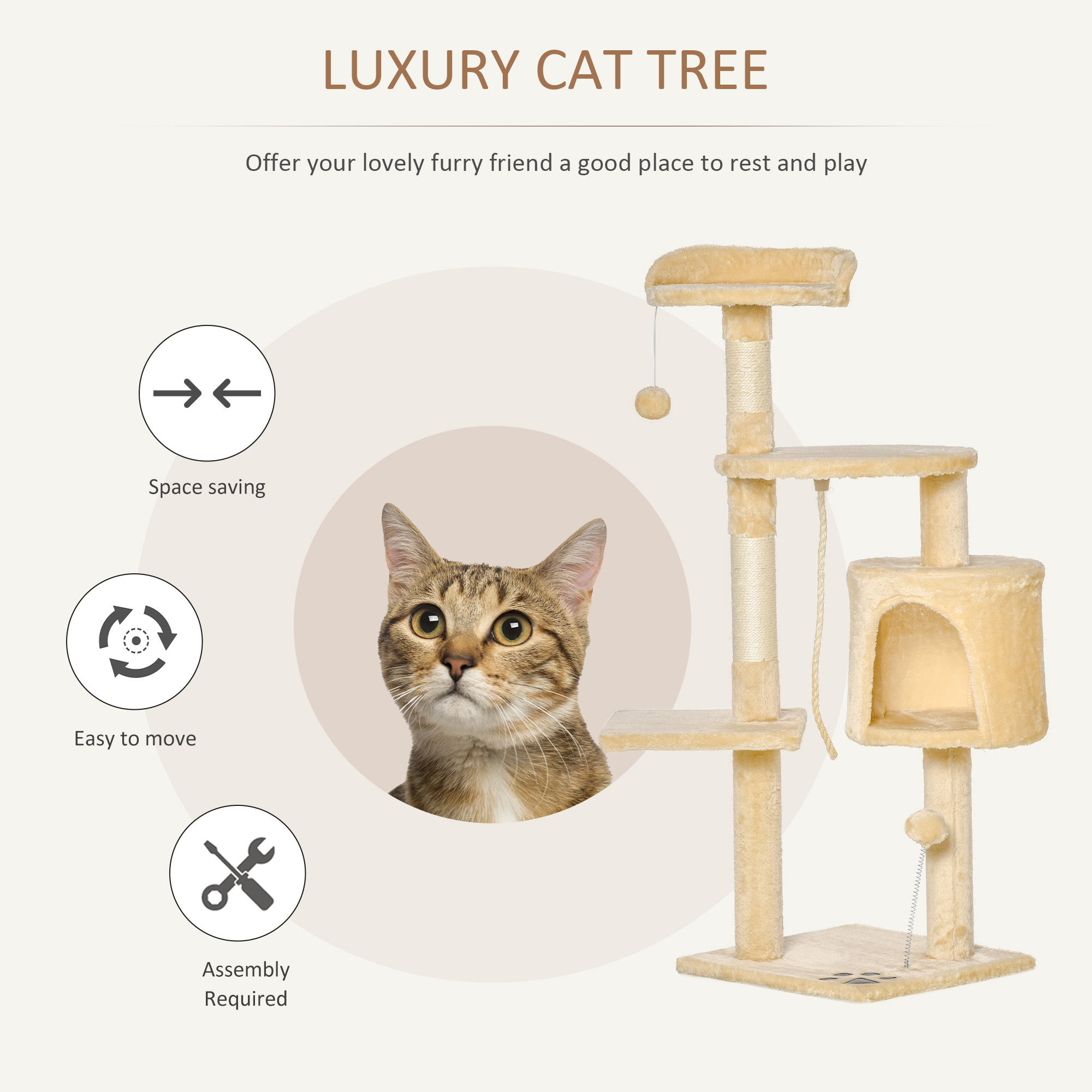PawHut Cat Tree For Indoor Cats Pet Activity Centre Kitty Condo Climbing Scratching Post With Toys 4-tier 114cm Tall Beige
