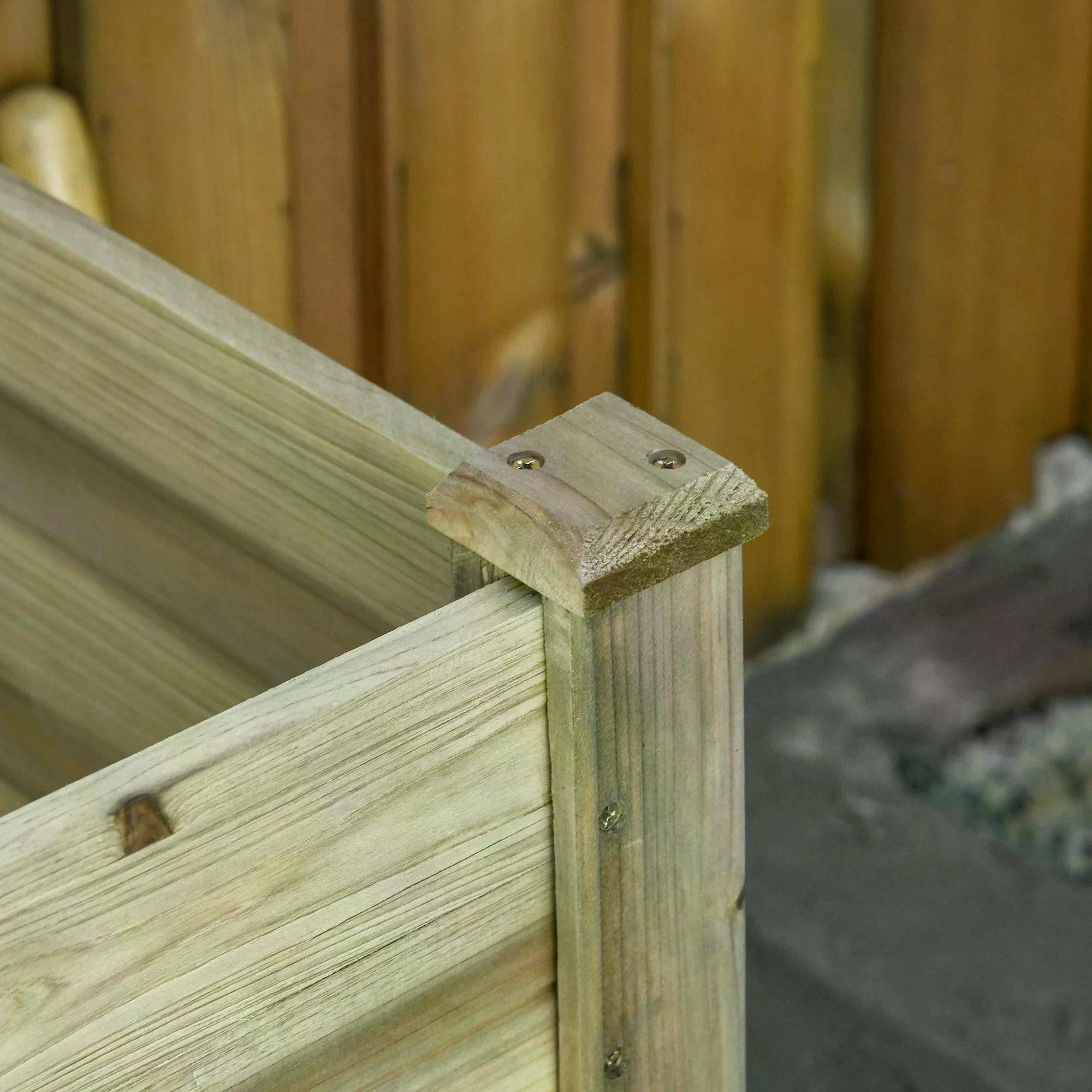 Senior gardener tending to elevated wooden planter box with storage shelf on sunny patio