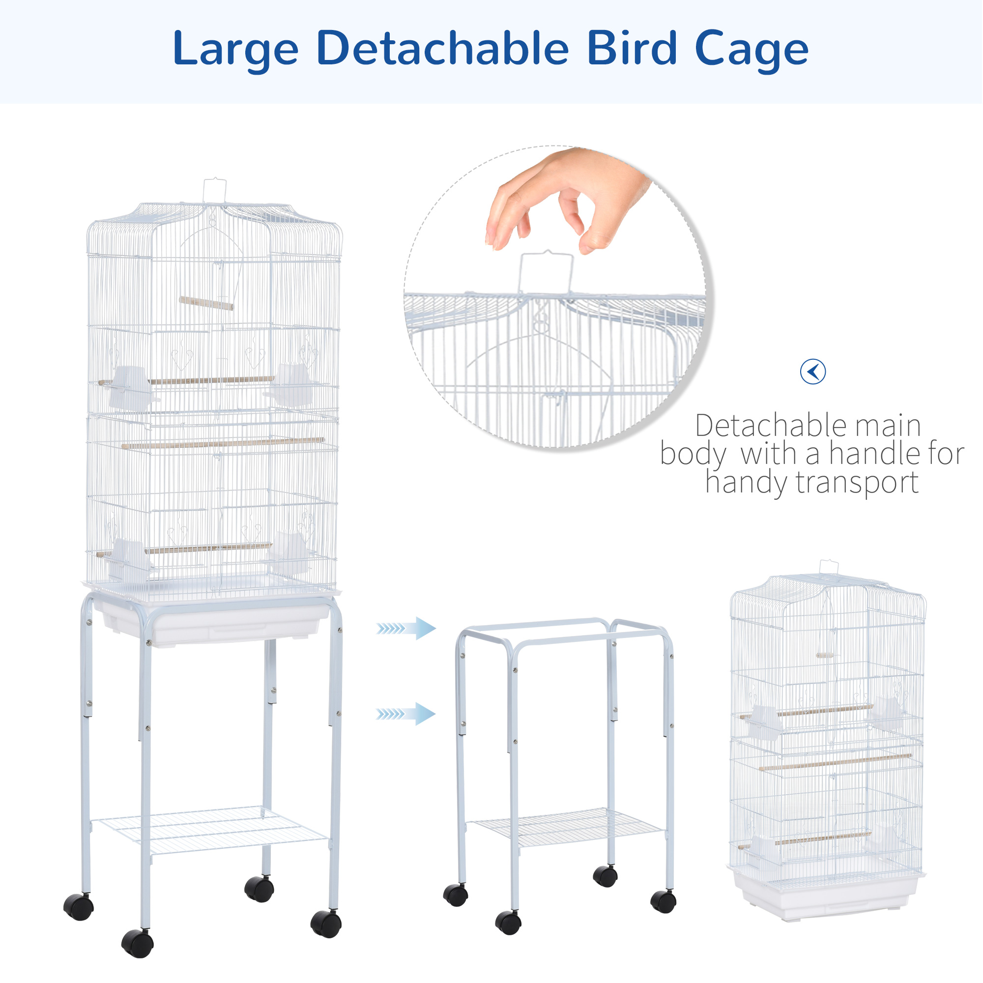 PawHut Bird Cage Budgie Cages For Finch Canary Parakeet With Stand Wheels Slide-out Tray Accessories Storage Shelf, White 46.5 X 36 X 157 Cm