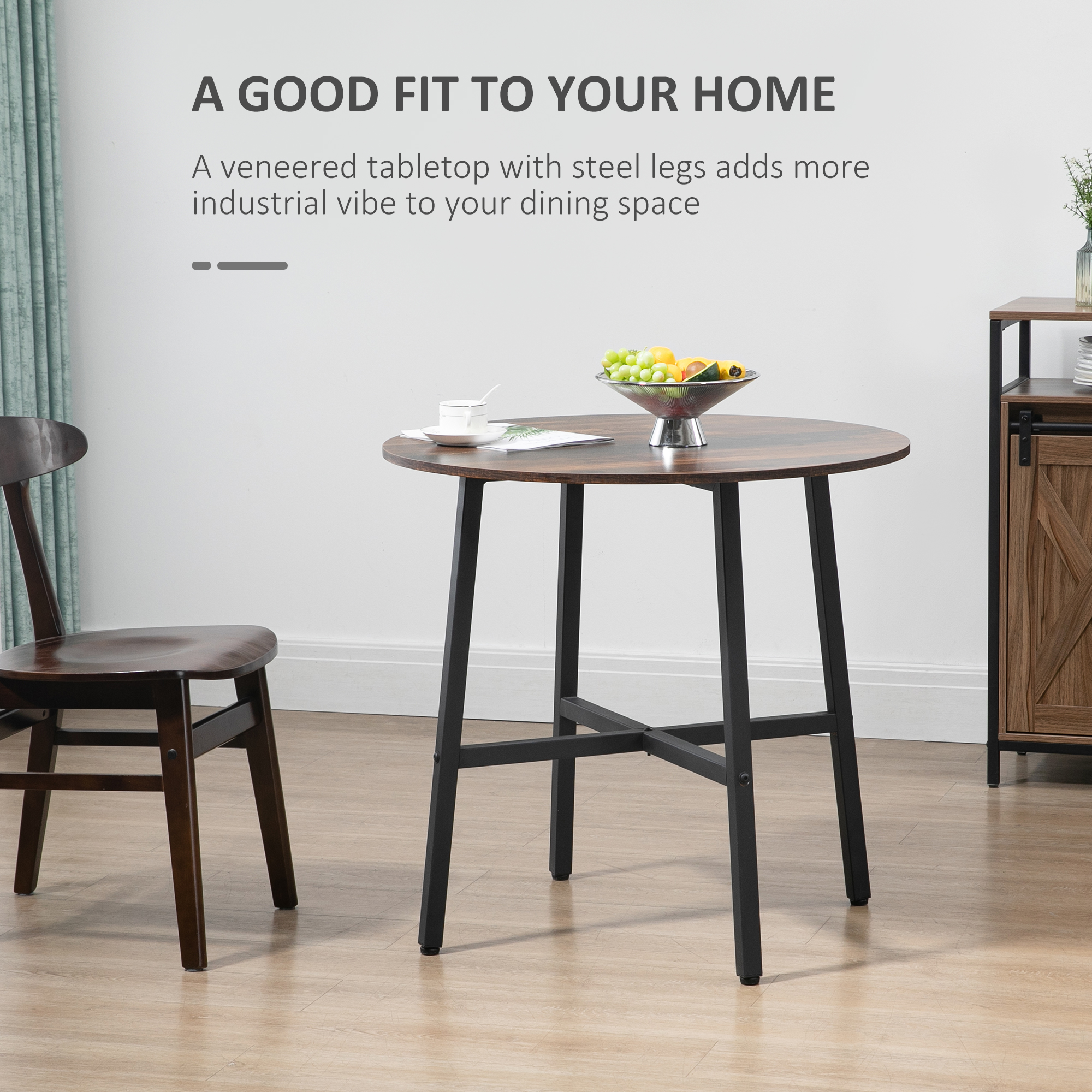 85cm Dining Room Table, Industrial Style Kitchen Round With Steel Legs, Rustic — image 4