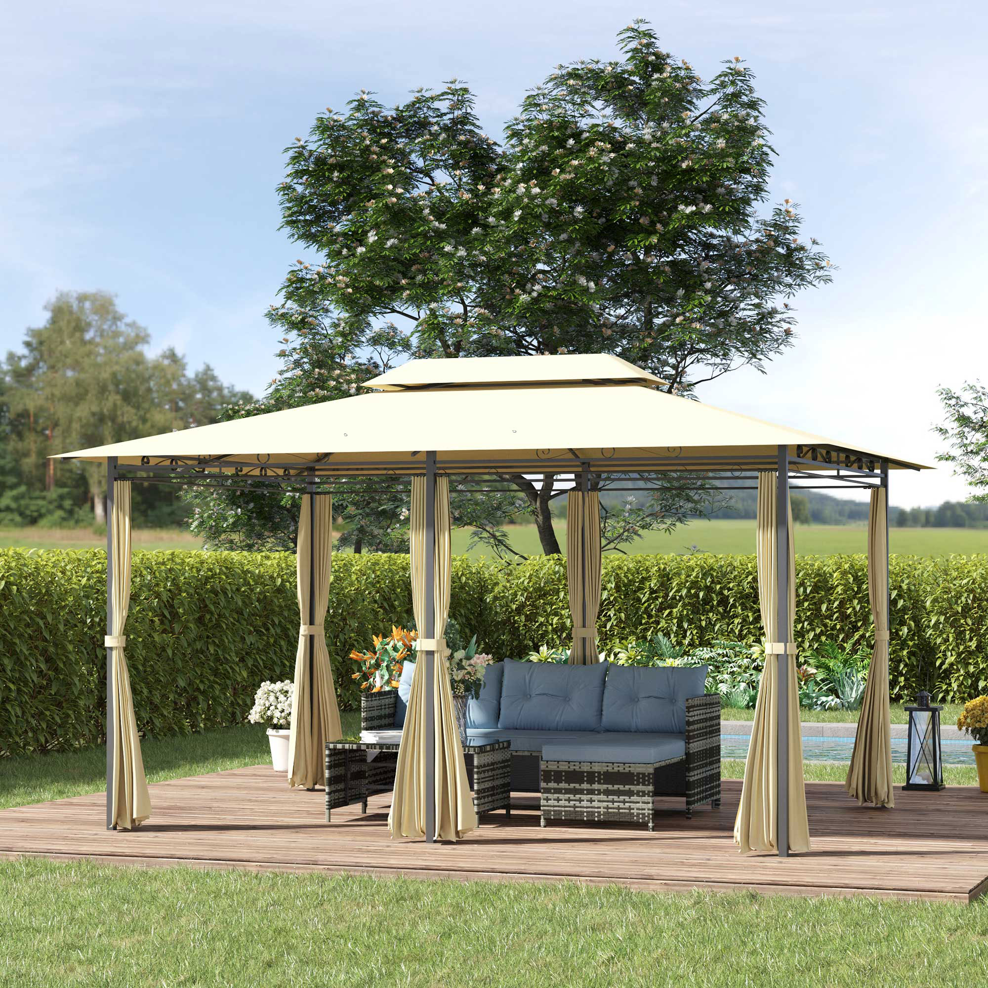10 x 13 Patio Gazebo, Outdoor Gazebo Canopy Shelter with Curtains, Vented Roof, Steel Frame for Garden, Lawn, Backyard and Deck, Cream White