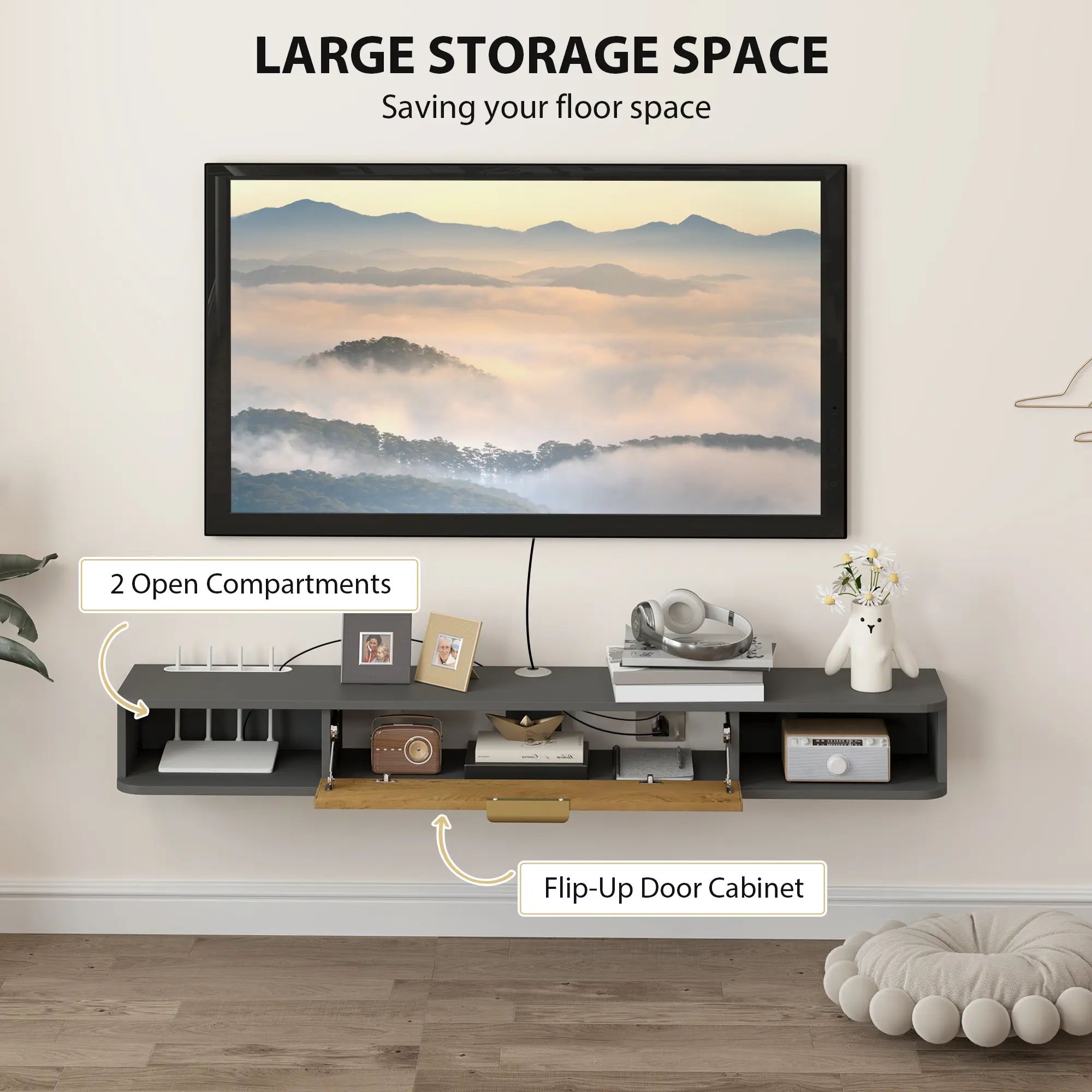 140 Cm Floating TV Stand With Storage - Charcoal Grey