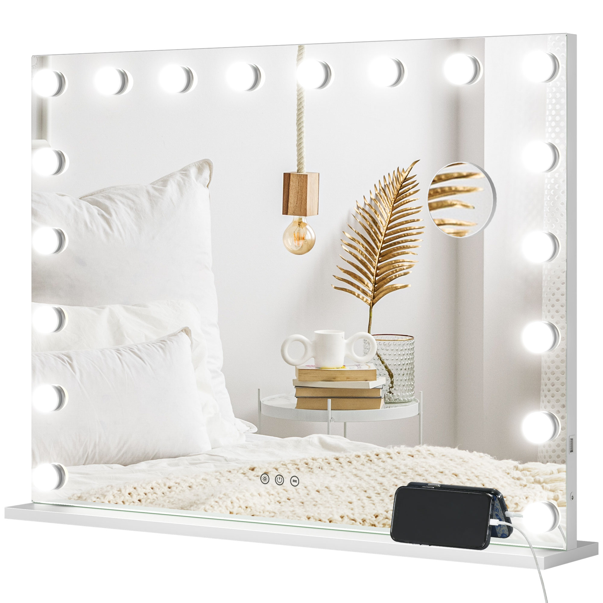 Hollywood Vanity Mirror With Lights, Large 80x62 Cm Lighted Makeup Mirror With 3 Colour, 18 LED Bulbs, 10X Magnifying, USB Charging Port, Touch Screen, Tabletop Or Wall Mounted Design, White