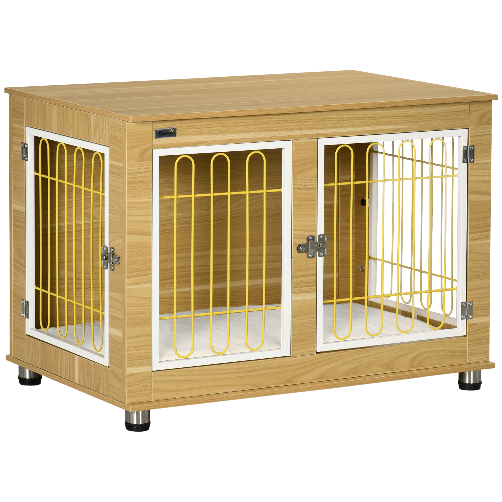 Oak-tone double-door dog crate end table with cushion