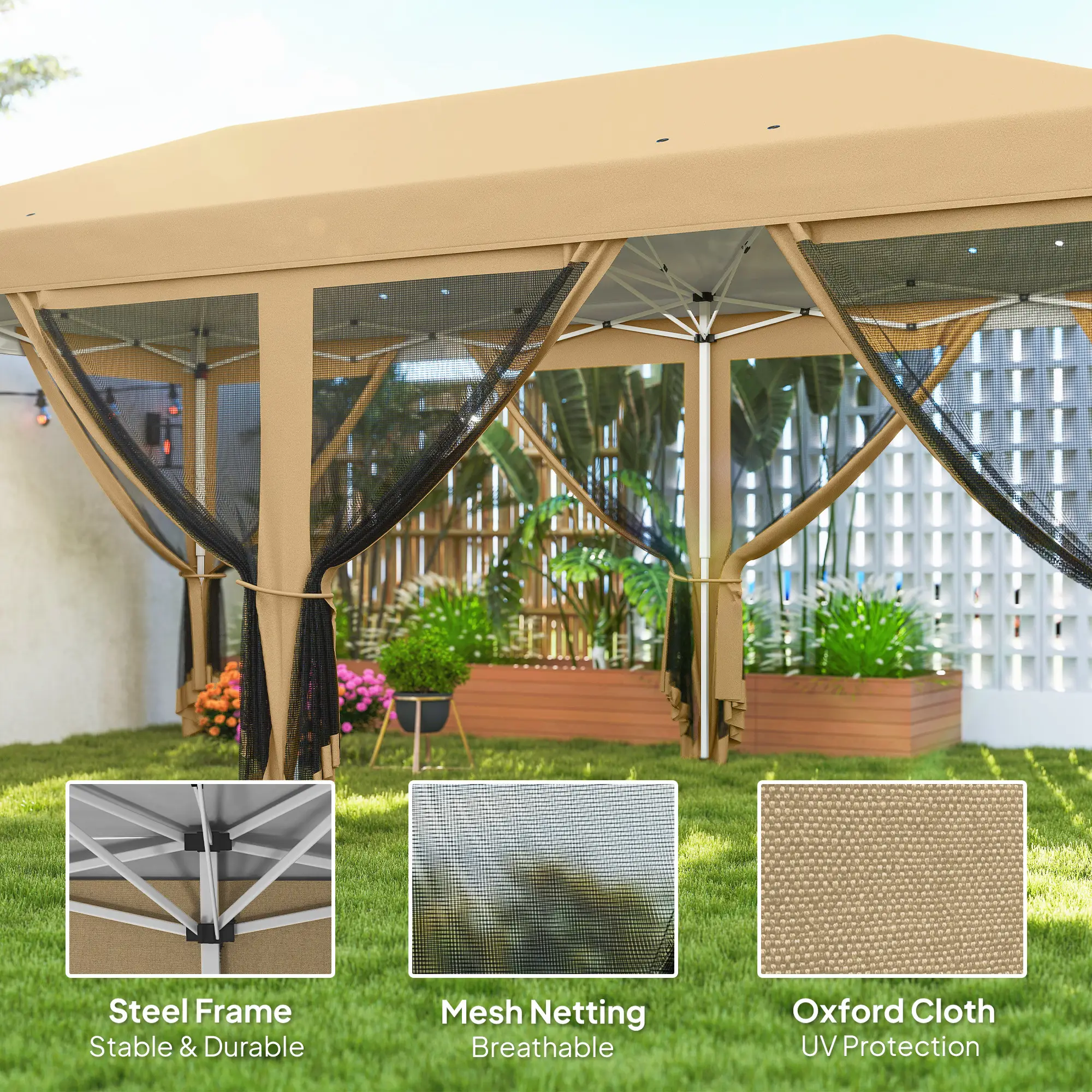 3 X 6m Pop Up Gazebo, Outdoor Canopy Shelter, Marquee Party Wedding Tent With 6 Mesh Walls And Carry Bag, Beige