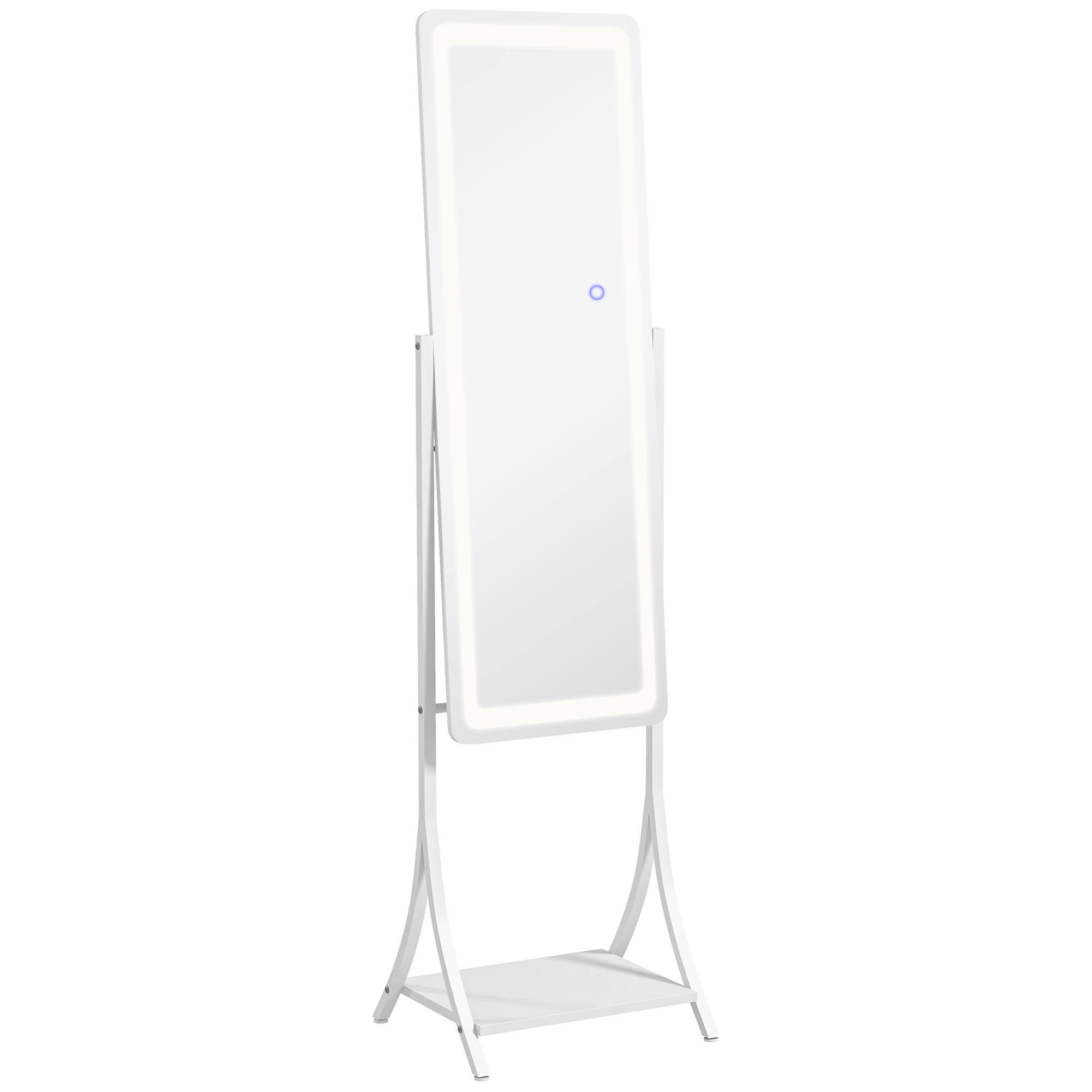 White LED full length dressing mirror with built-in storage shelf and warm LED border, in a bedroom corner