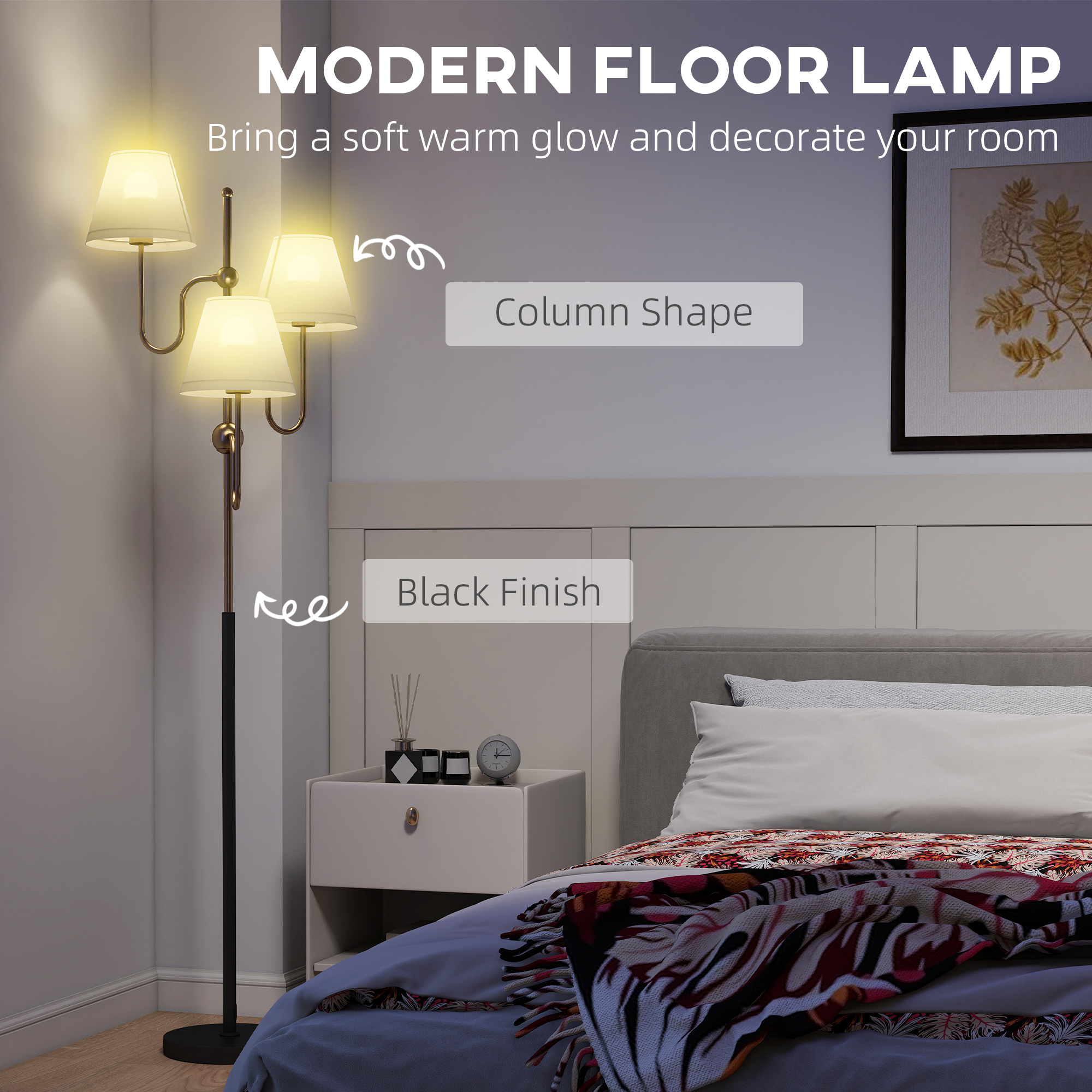 Floor Lamp, 165 Cm Tall Standing Lamp With 3 Light And Foot Switch For Living Room, Bedroom, Bedside, Office, E27 Base Without Bulb 40W Max — foto 5