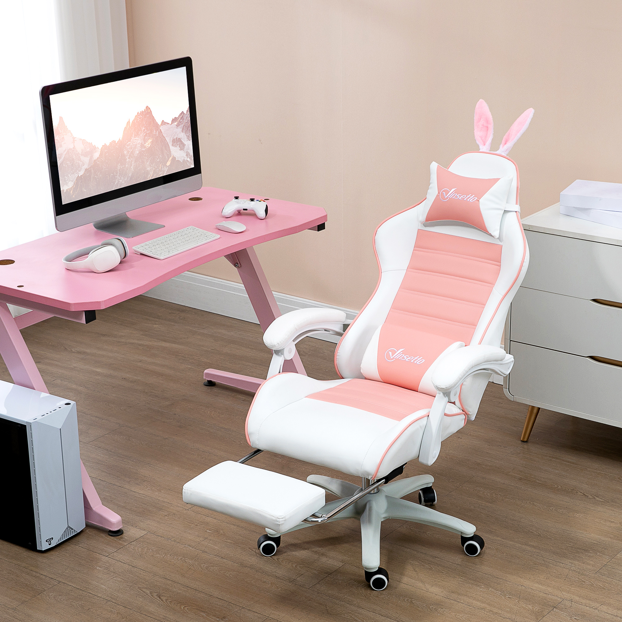 Vinsetto Racing Gaming Chair, Reclining PU Leather Computer Chair With Removable Rabbit Ears, Footrest, Headrest And Lumber Support, Pink 4