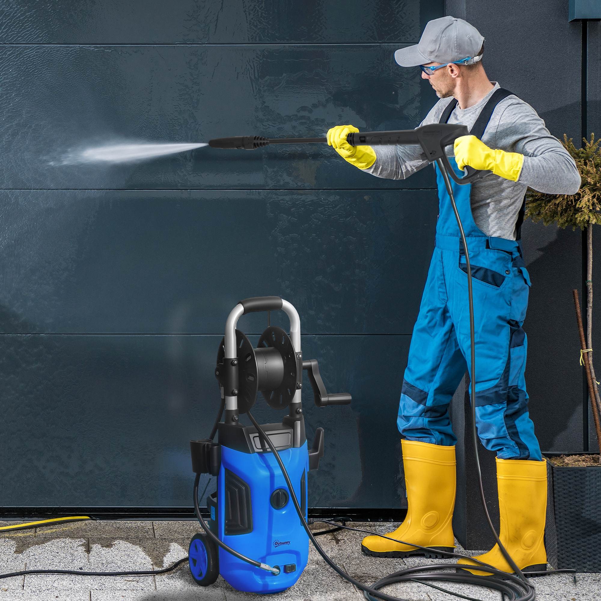 1800W High Pressure Washer, 150 Bar Pressure, 420 L/h Flow, Portable Power Washer Jet Wash Cleaner With Adjustable Nozzle, 6M Hose, Hose Reel, Steel Handle For Home Patio Car Driveway, Blue