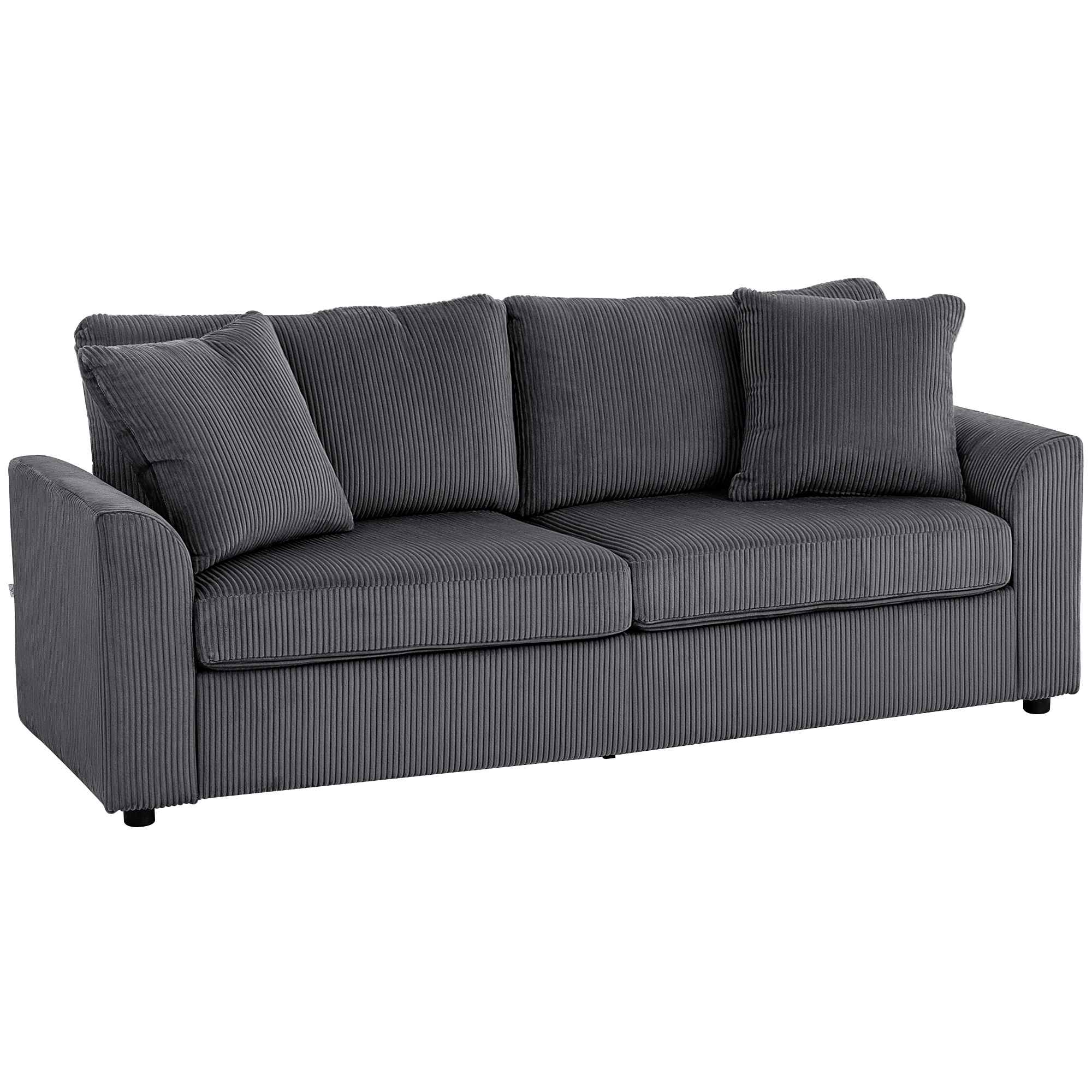 Grey jumbo corduroy 3-seater sofa with scatter cushions on a steel frame