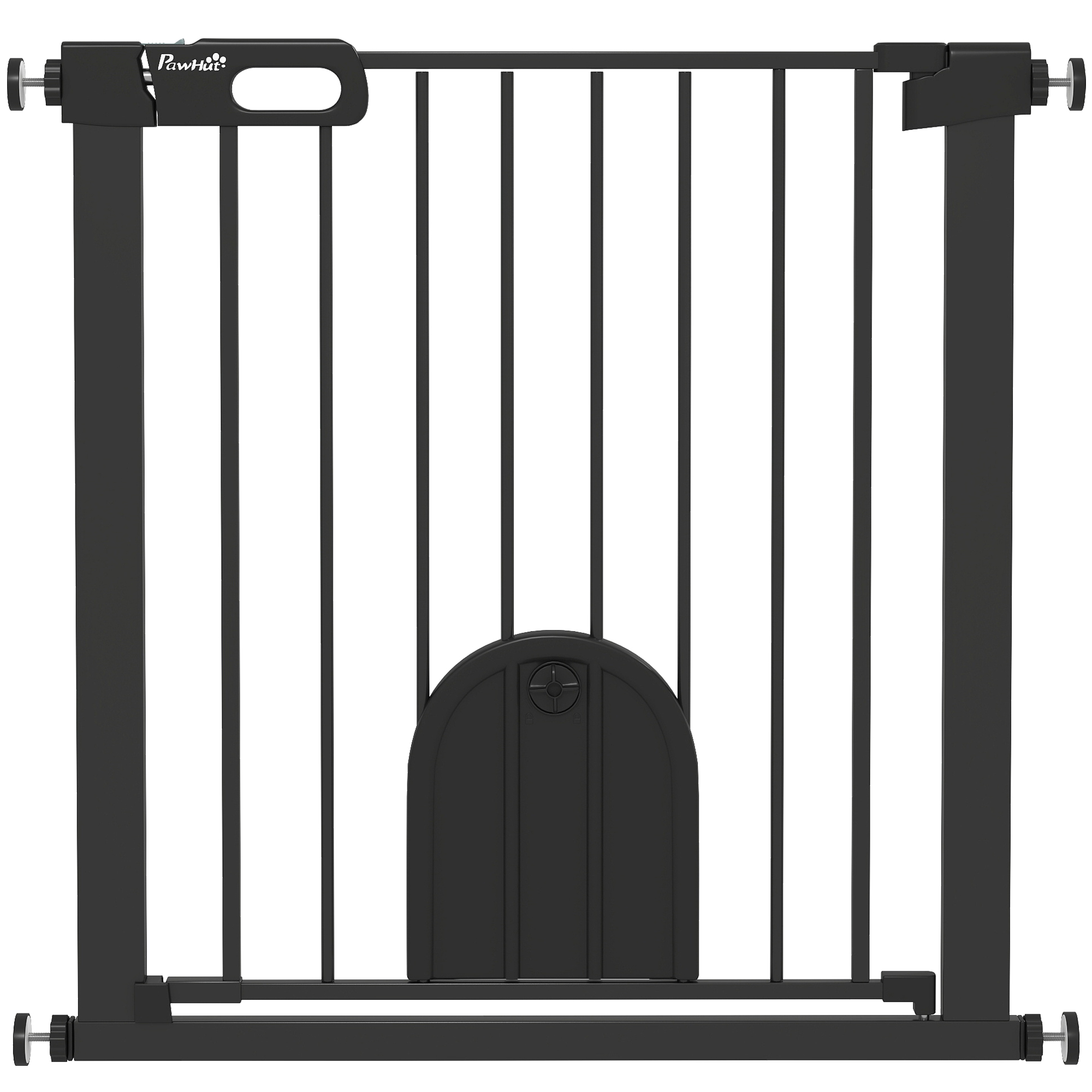 PawHut Dog Gate With Cat Flap Pet Safety Gate Barrier, Stair Pressure Fit, Auto Close, Double Locking, For Doorways, Hallways, 75-82 Cm Black - Image 1