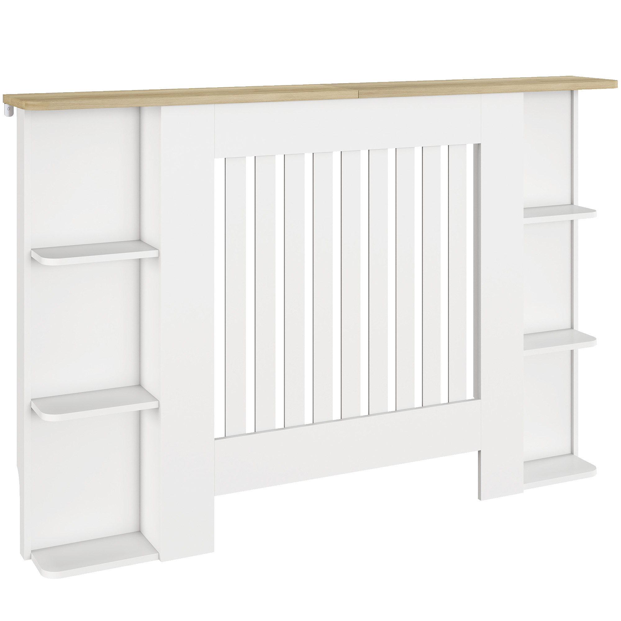White slatted radiator cover with three-tier side storage shelves