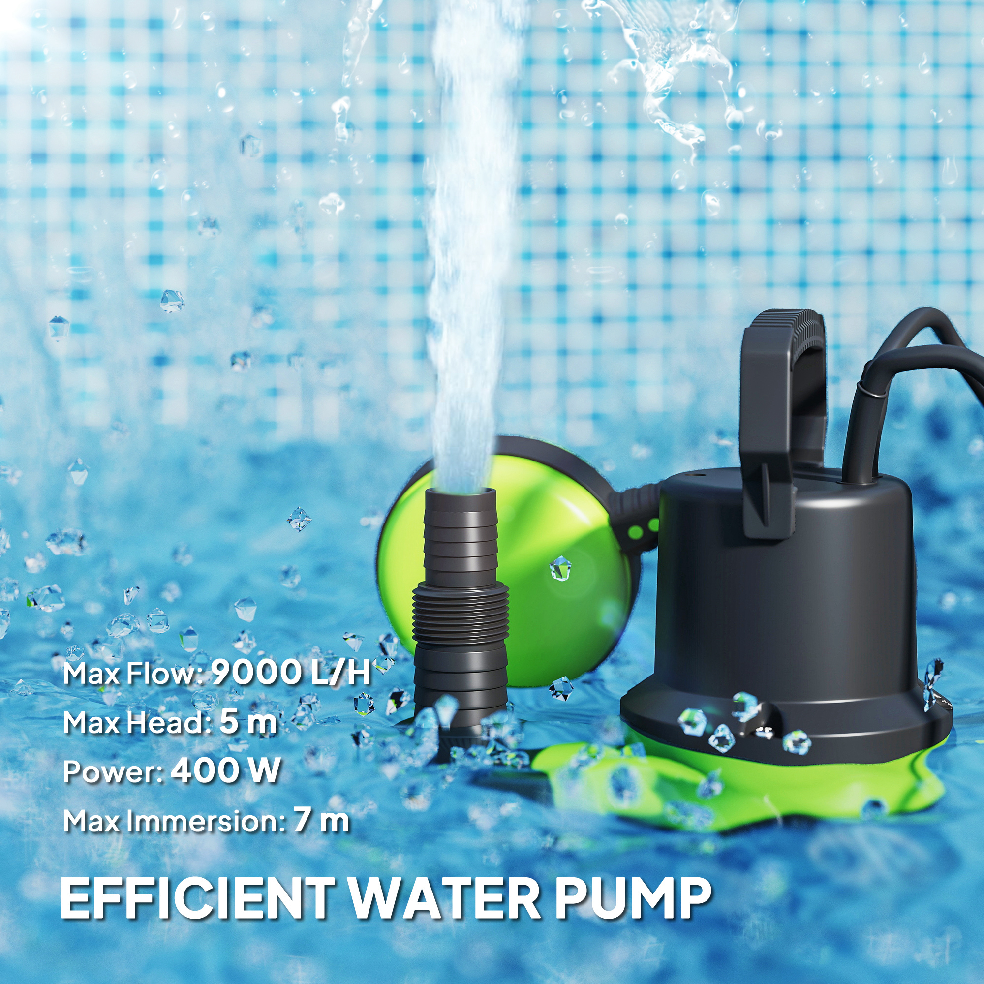 400W Submersible Water Pump For Dirty Clean Water, 9000L H Electric Sump Pump With Float Switch, Drain Water From Garden Pond, Hot Tub, Ditches, Portable And Lightweight