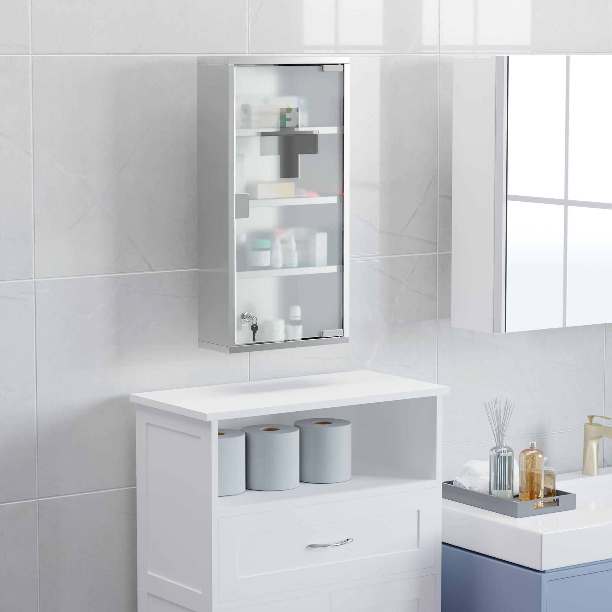  12" x 24" Lockable Medicine Cabinet, 4 Tier Stainless Steel Medical Wall Box with 2 Keys and Shelves for Bathroom