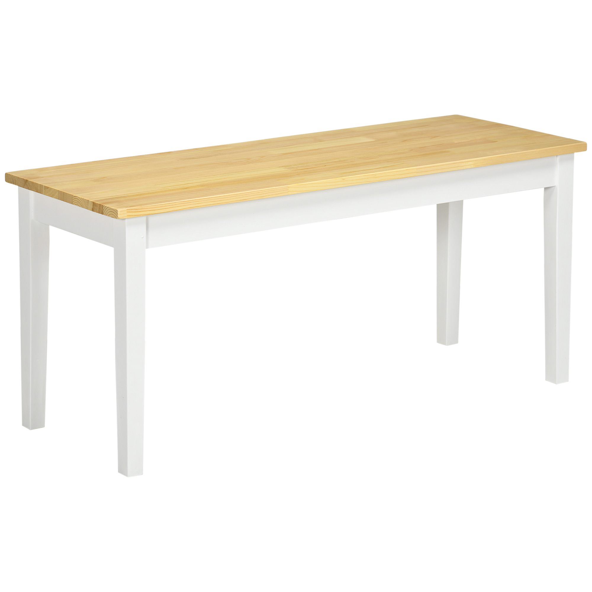 White and natural wood pine dining bench, 102 cm long, beside a small kitchen table