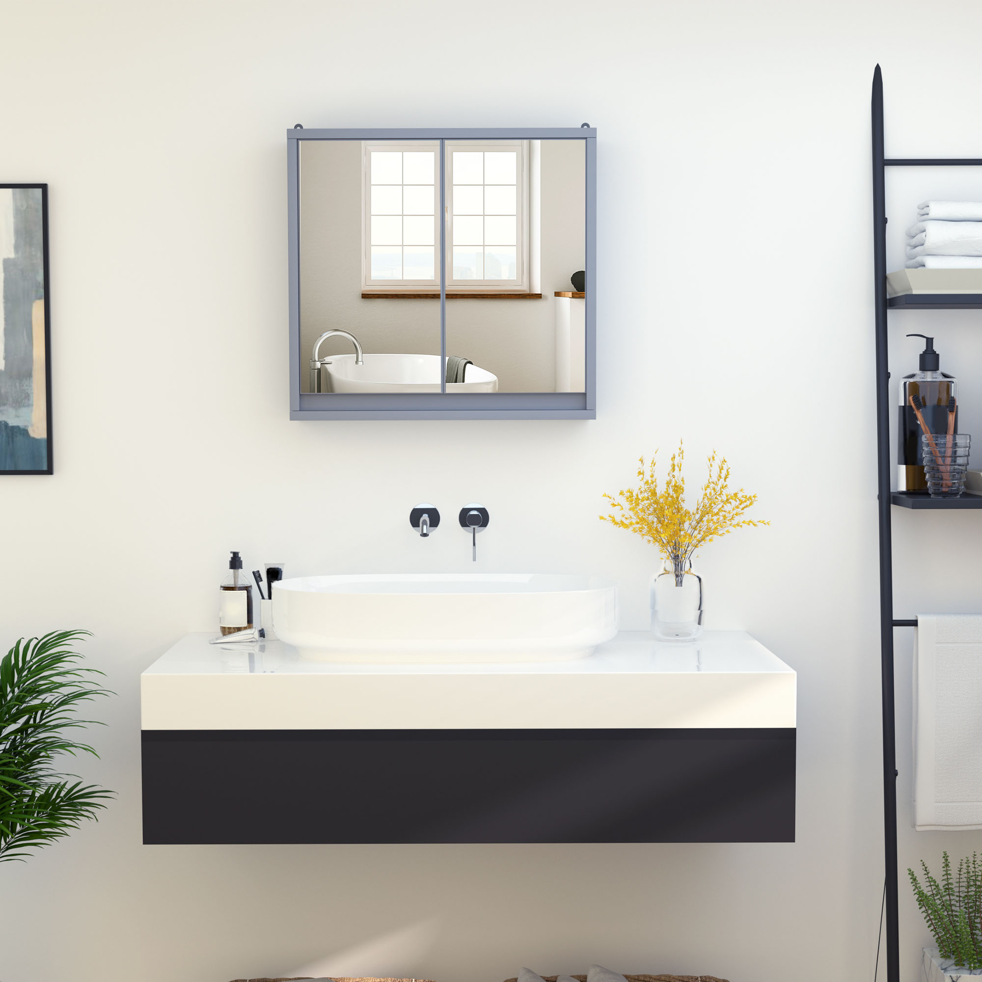 Wall Mounted Mirror Cabinet With Storage Shelf Bathroom Cupboard Double Door — image 4