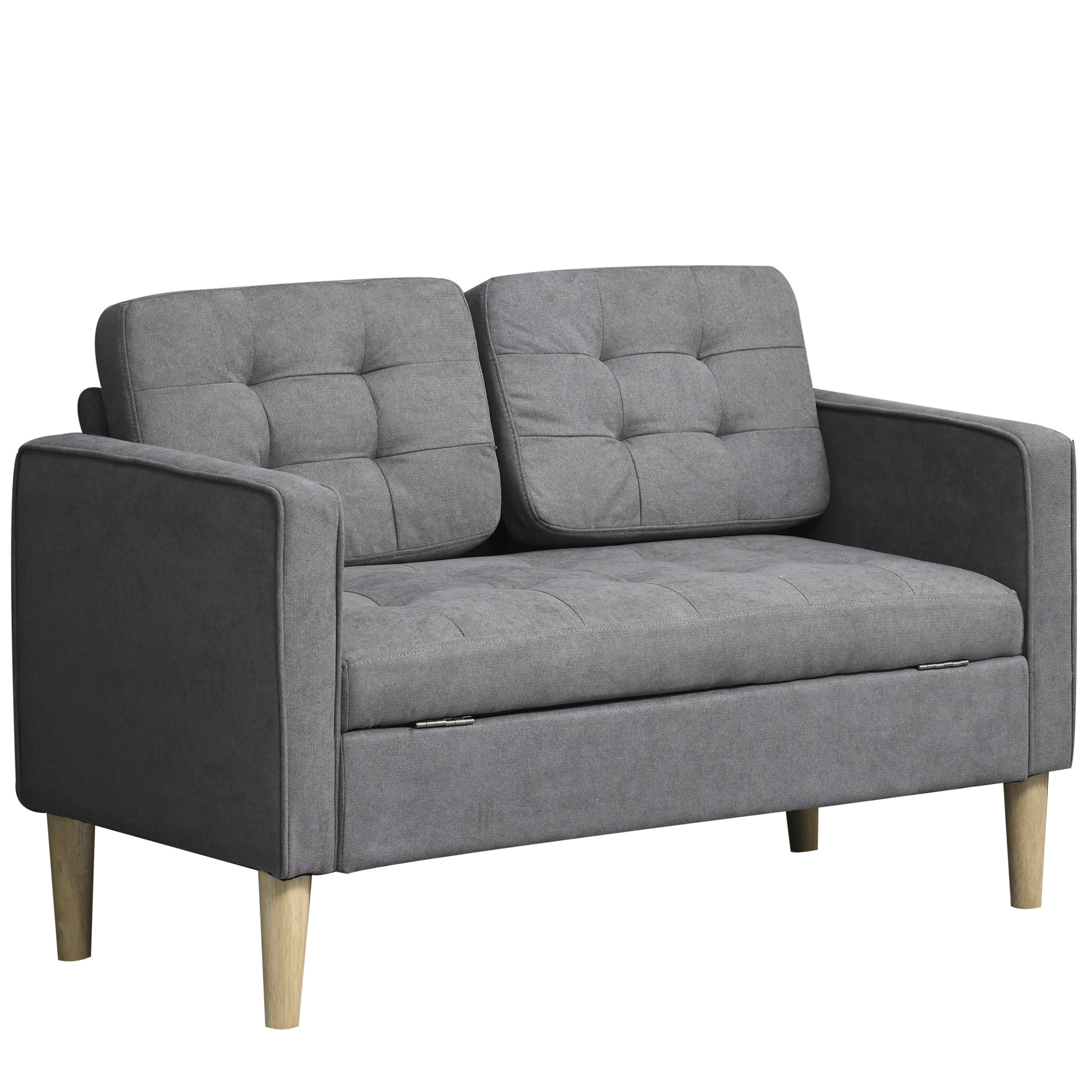 Compact grey 2-seater sofa with hidden under-seat storage and button-tufted upholstery