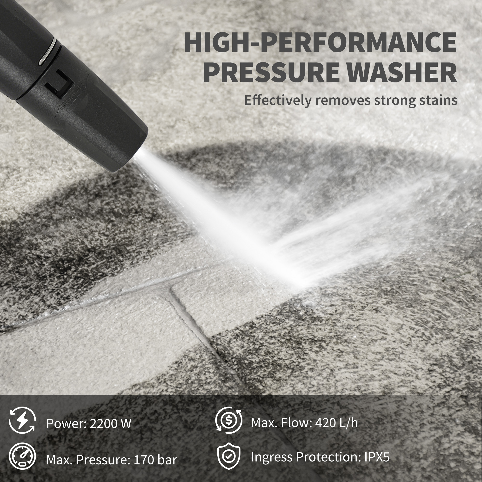 2200W High Pressure Washer, 170 Bar Pressure, 420 L/h Flow, Portable Electric Power Washer Jet Wash Cleaner With Adjustable Nozzle 6M Hose And Hose Reel For Home Patio Car Driveway