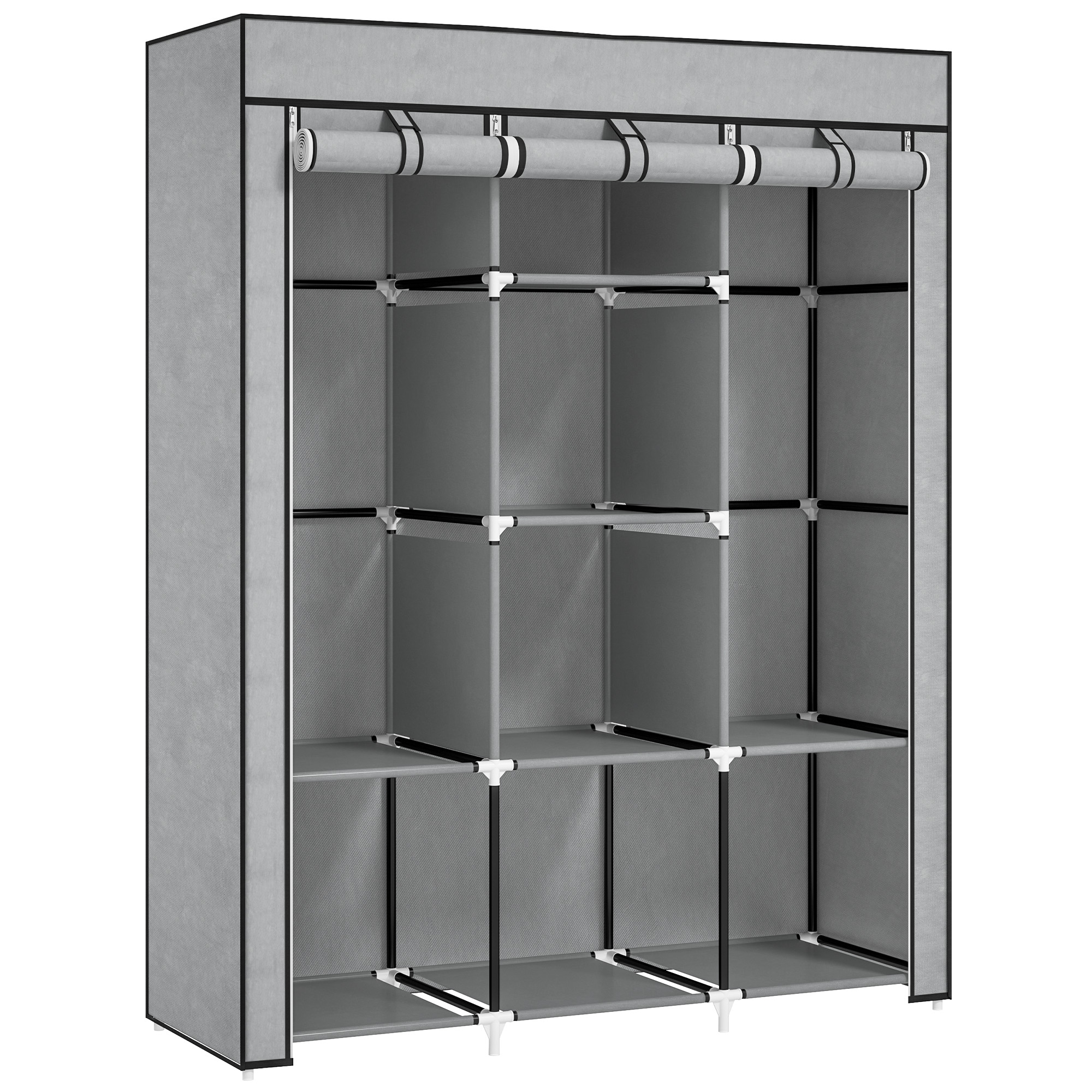 Light grey fabric wardrobe with two short hanging rails and eight stacked shelves