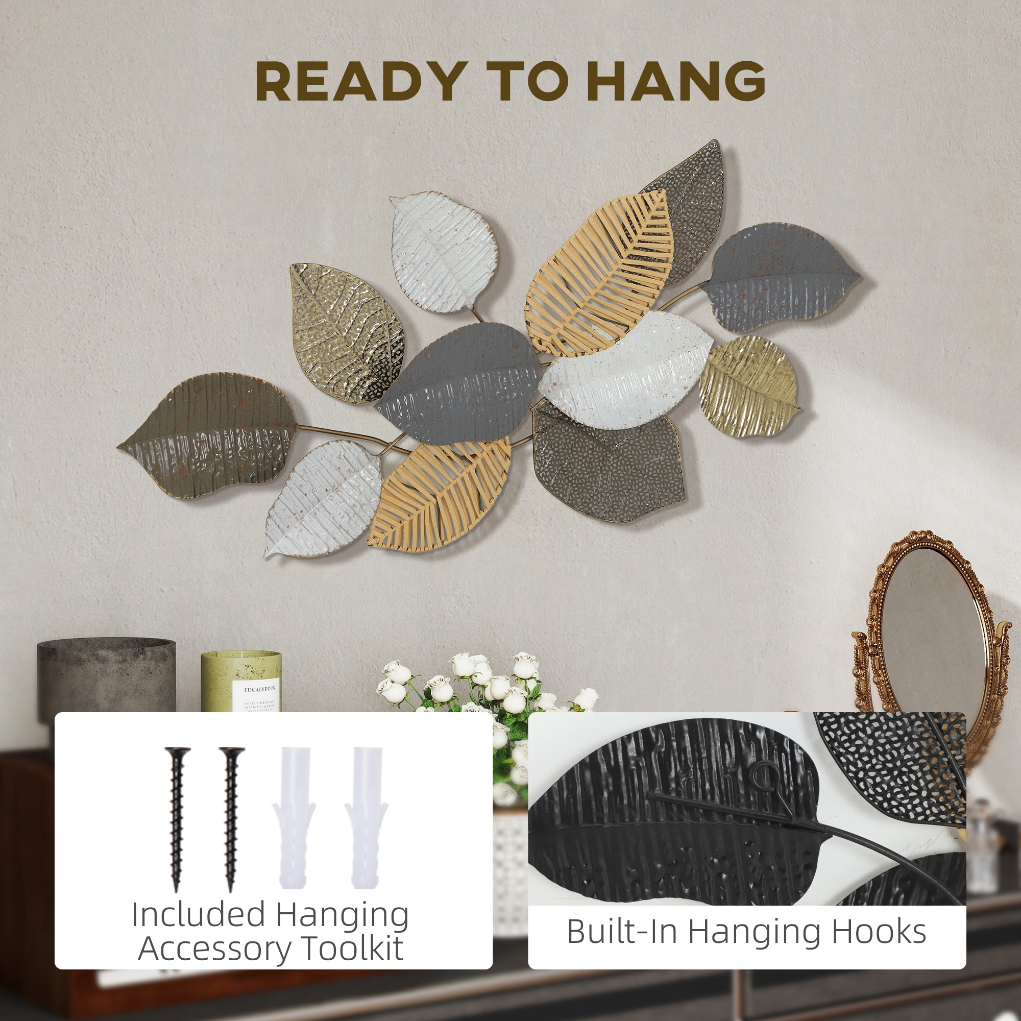 Metal wall art, modern hanging wall decor with unique leaf