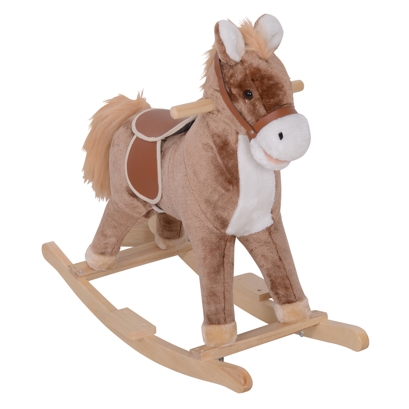 Kids Children Plush Rocking Horse Wooden Base Ride On Toy Rocker With Handle Grip Traditional Toy Fun Gift For Age 3+ (Brown & White)