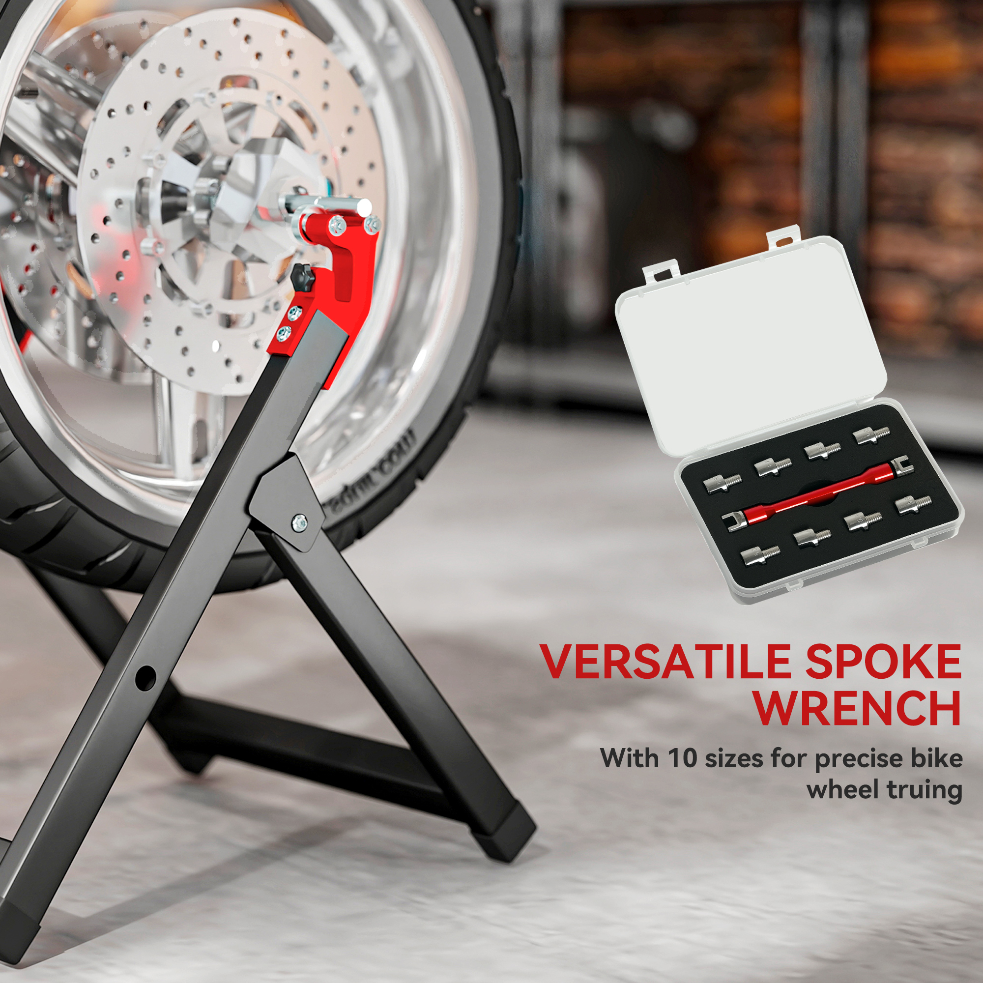 Foldable Motorcycle Wheel Balancer Truing Stand With Spoke Wrench, Steel Bike — image 2