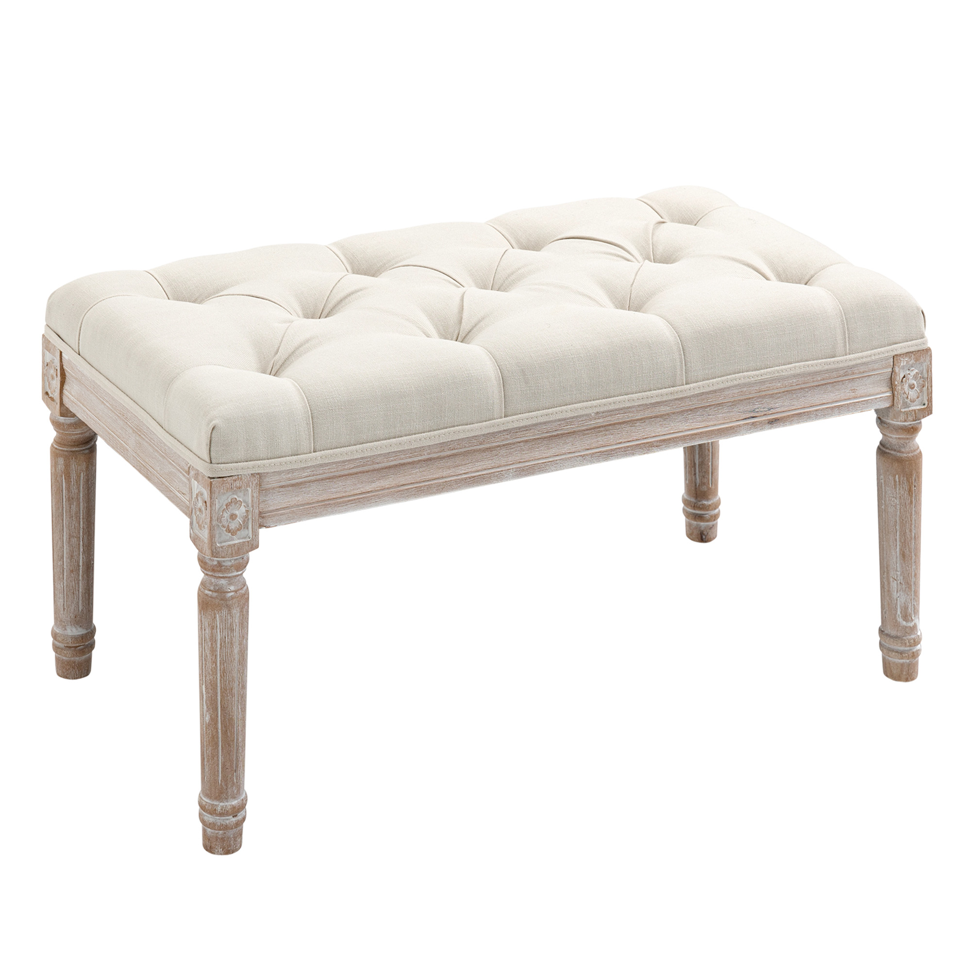 Cream tufted 80cm end-of-bed bench with carved rubberwood legs