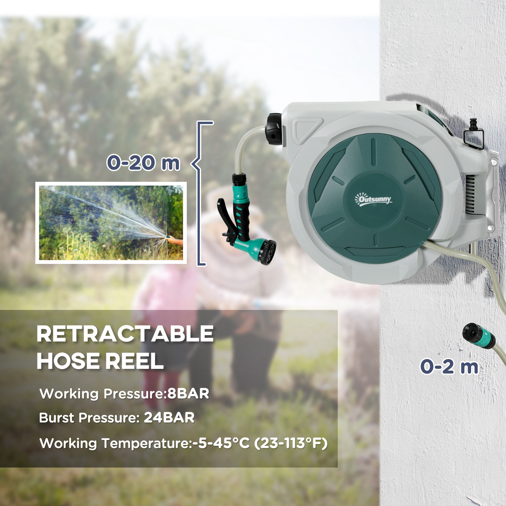 Retractable Hose Reel Wall Mounted, 20+2m Garden Hose Pipe Reel With Lock, Auto Rewind, 7 In 1 Spray Nozzle, Includes Wall Fixings, 180° Swivel, Outdoor Watering, 48 X 20 X 42 Cm, Light Grey