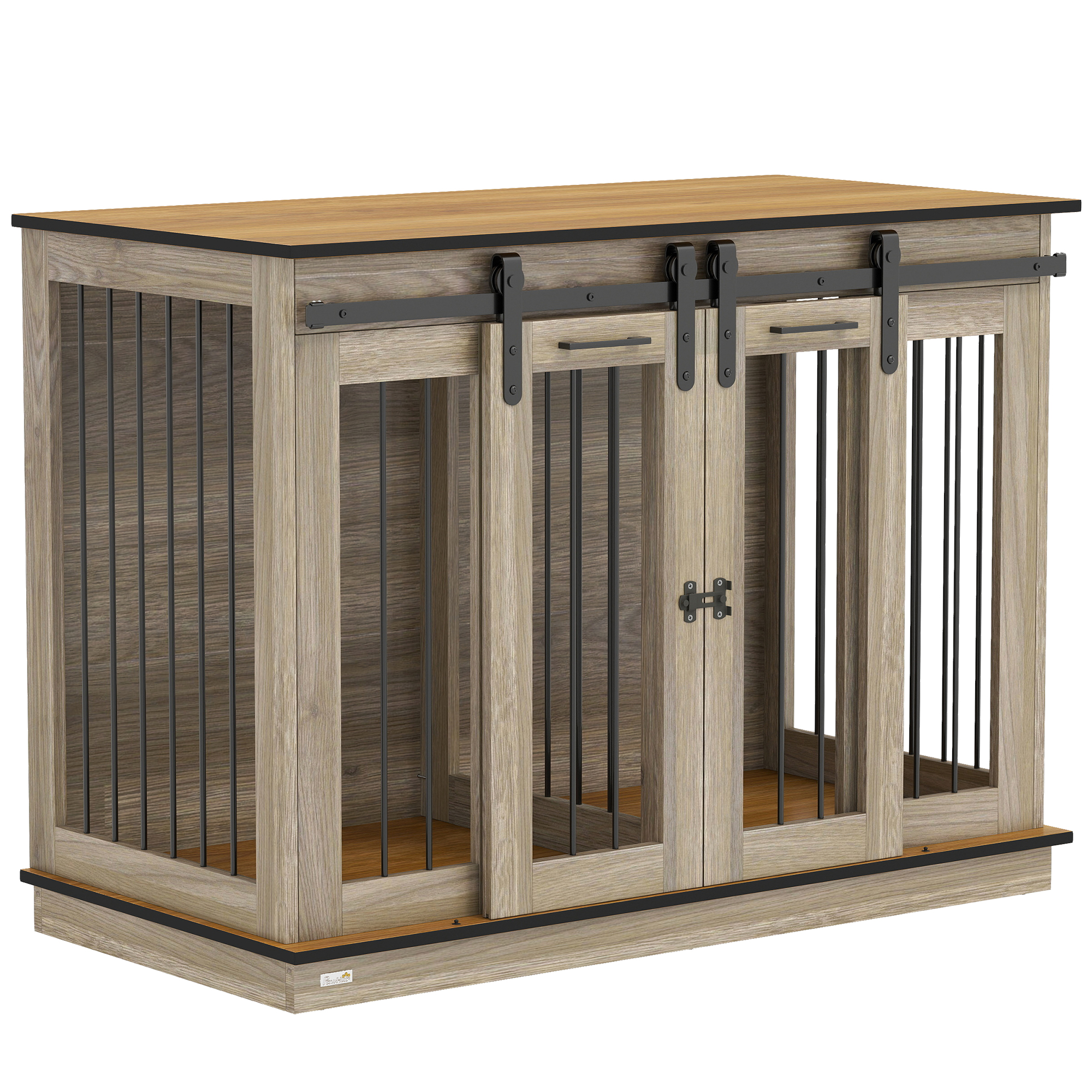 Farmhouse oak-tone double dog crate with barn sliding doors