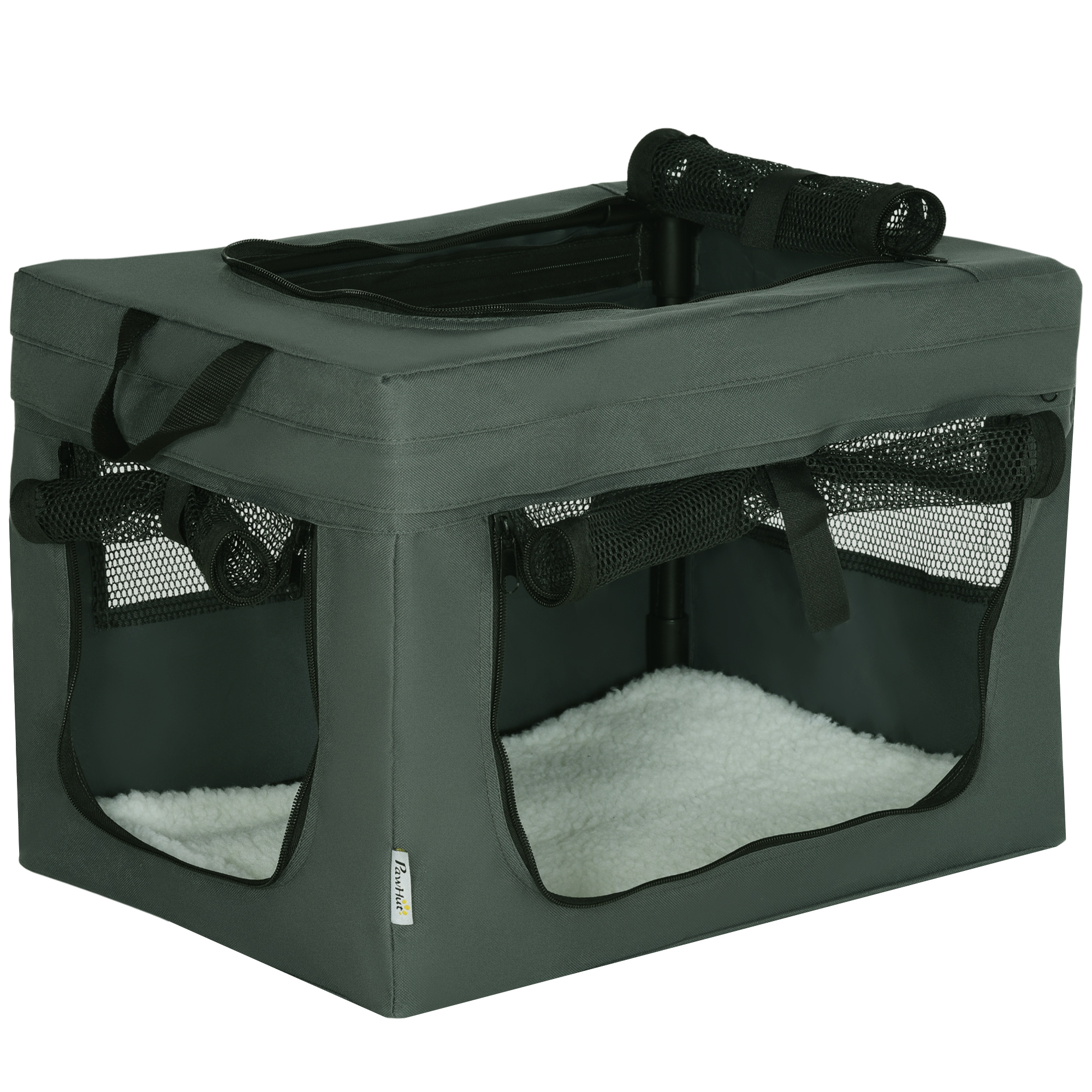 Foldable soft dog carrier with fleece cushion in dark grey