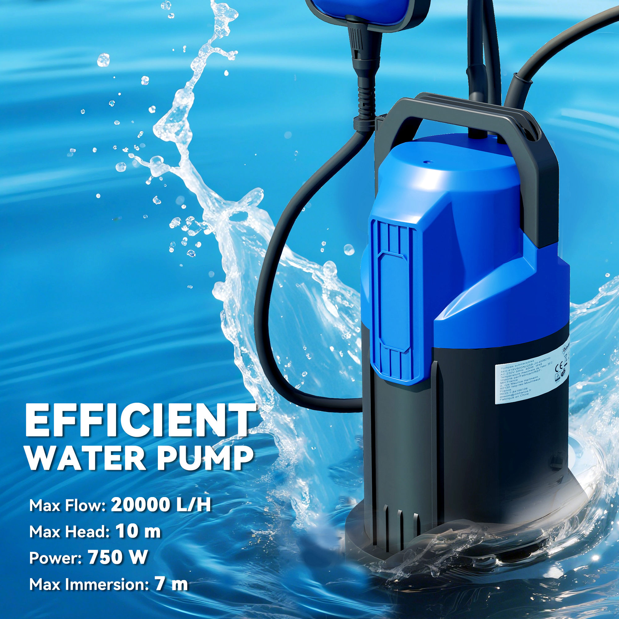 750W Submersible Water Pump For Dirty/Clean Water, 20000L/H Electric Sump Pump With Float Switch, Drain Water From Garden Pond, Hot Tub, Ditches, Portable And Lightweight