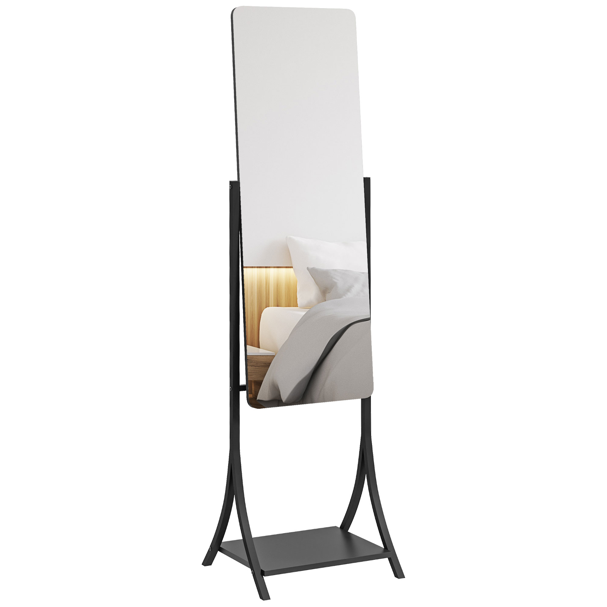 Frameless full length freestanding mirror with integrated wooden storage shelf, leaning against a wall