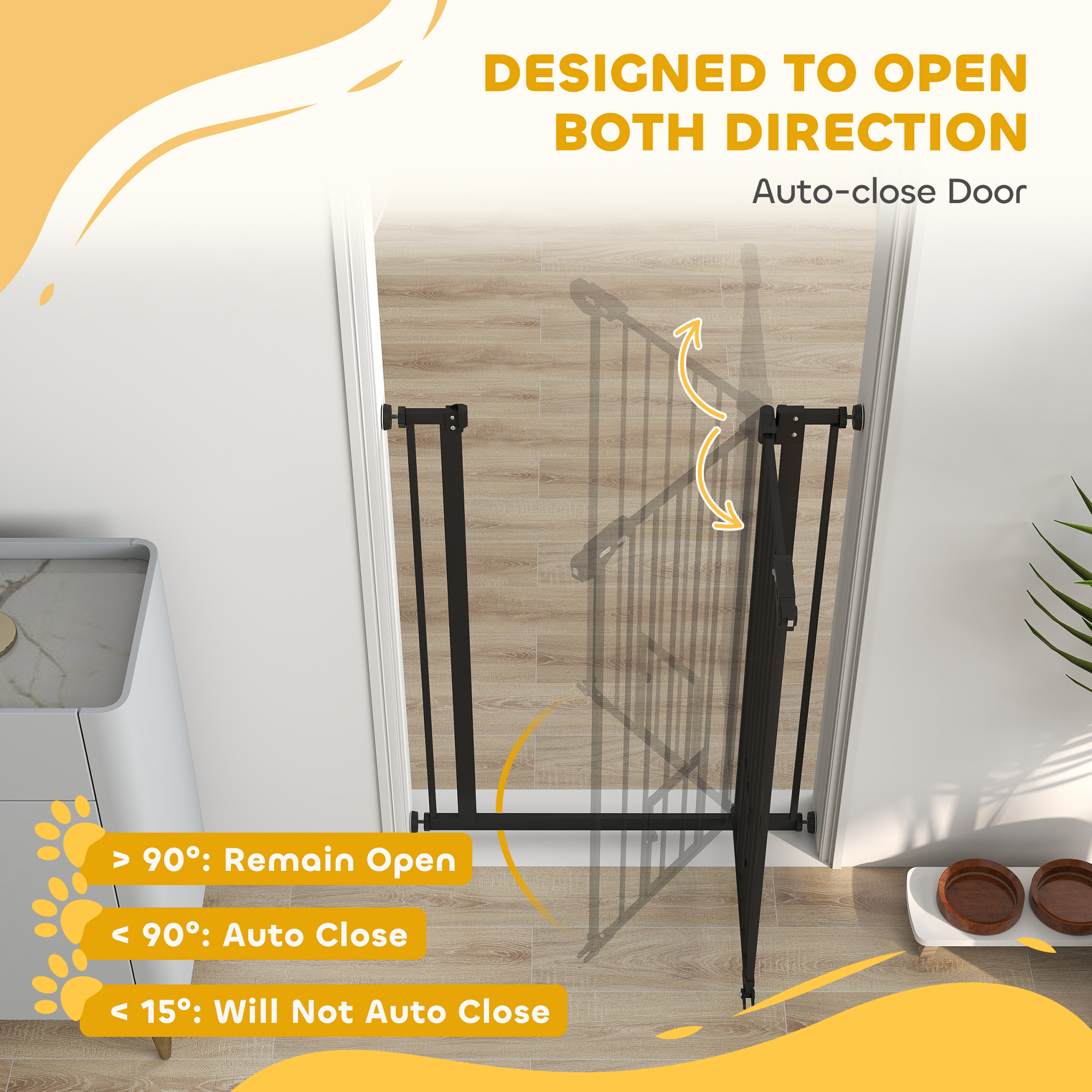 PawHut Extra Tall Pet Gate, Indoor Dog Safety Gate, With Cat Flap, Auto Close, 74-80cm Wide - Black