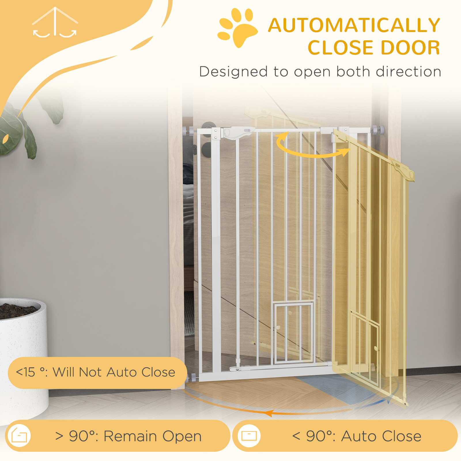 PawHut Extra Tall Pet Gate, Indoor Dog Safety Gate, With Cat Flap, Auto Close, 74-80cm Wide - White