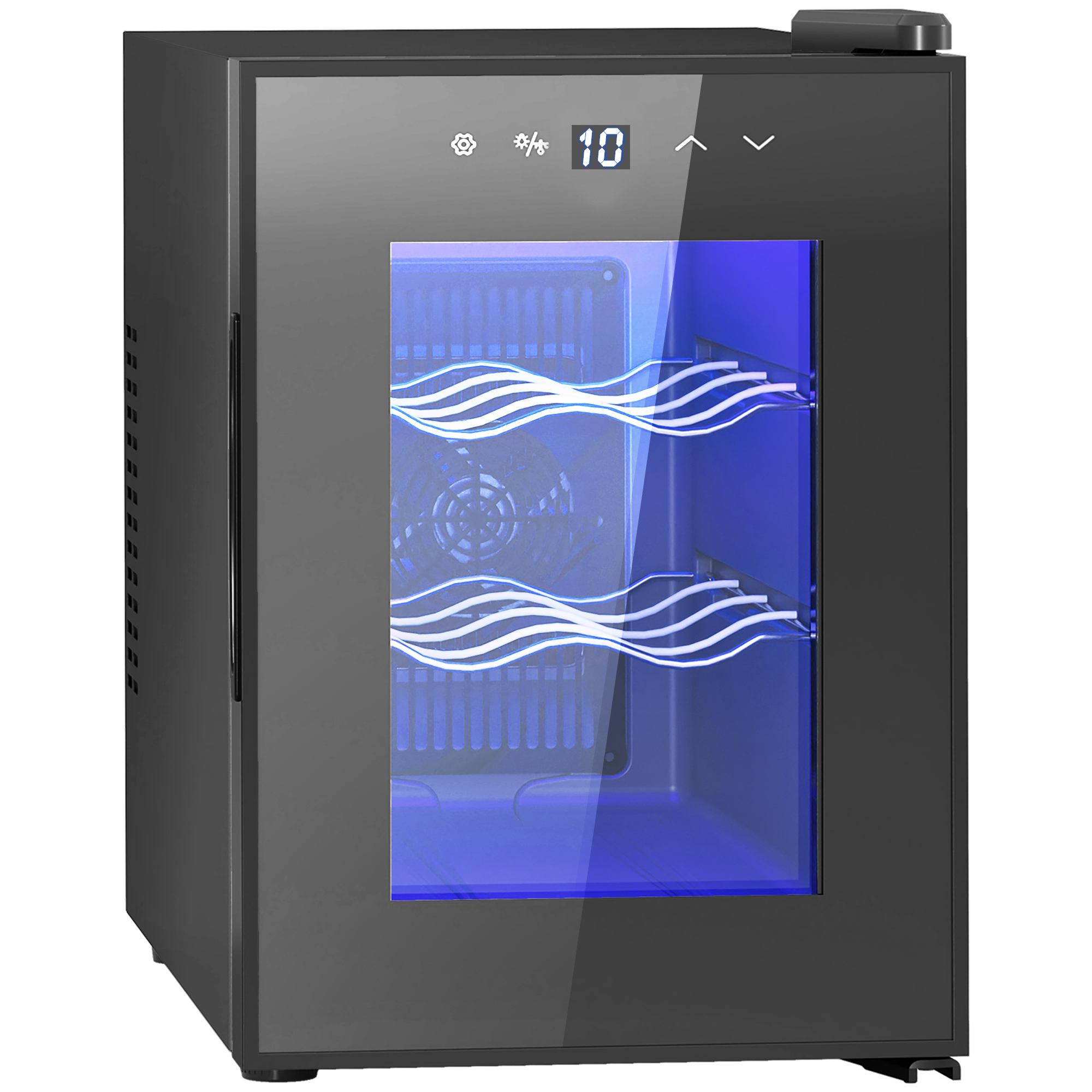 Black six-bottle countertop wine cooler with touch control and blue LED interior