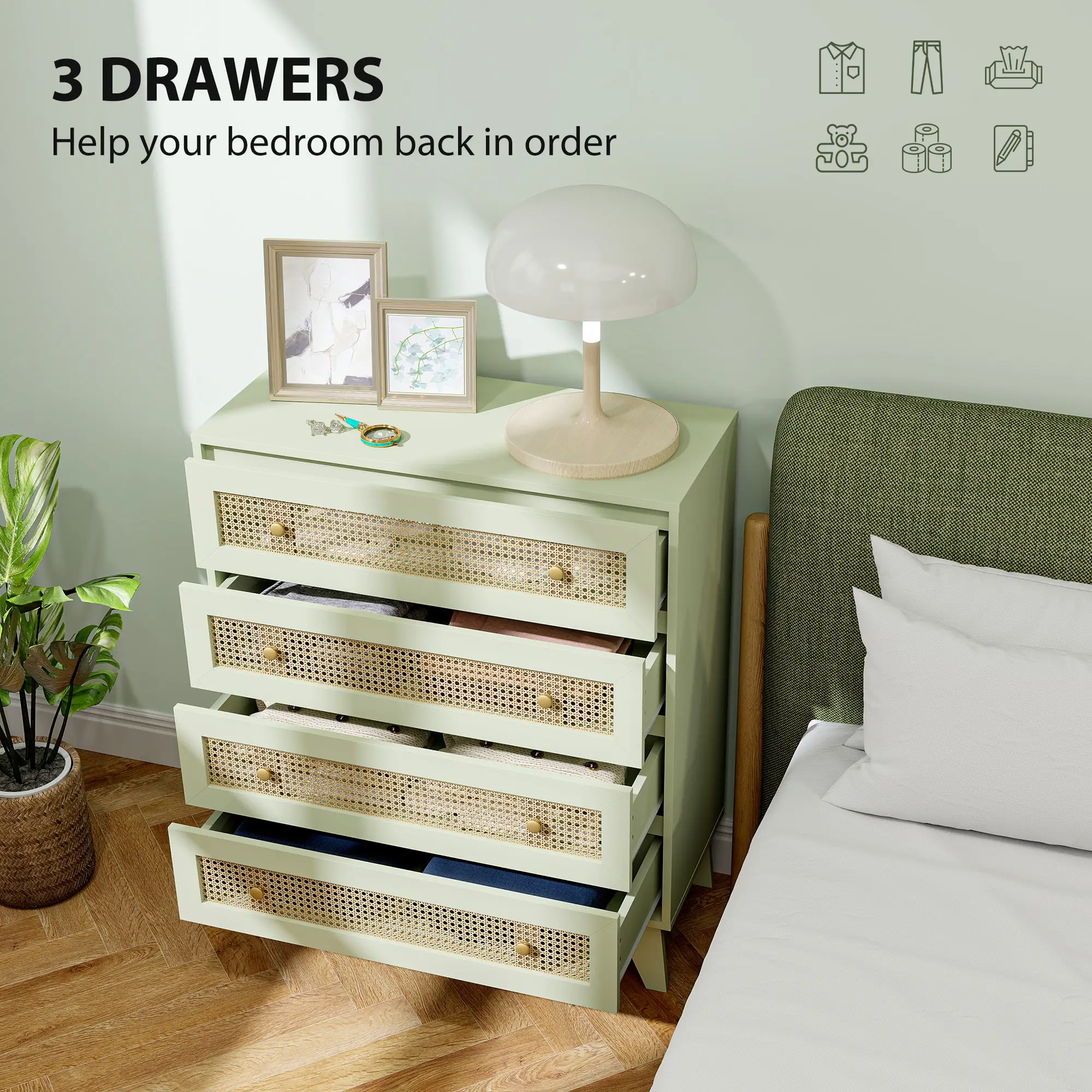 Chest Of Drawers, 4-Drawer Storage Organiser Unit With Rattan Element For Bedroom, Living Room, Light Green
