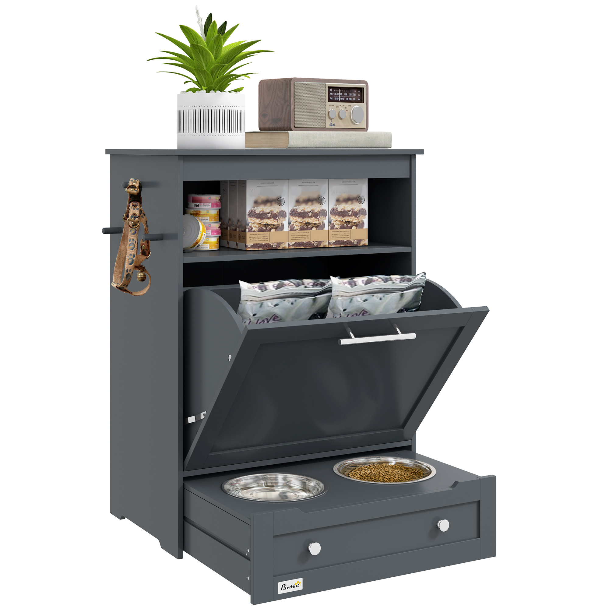 PawHut grey wood pet feeder station with cabinet doors and raised bowls on top