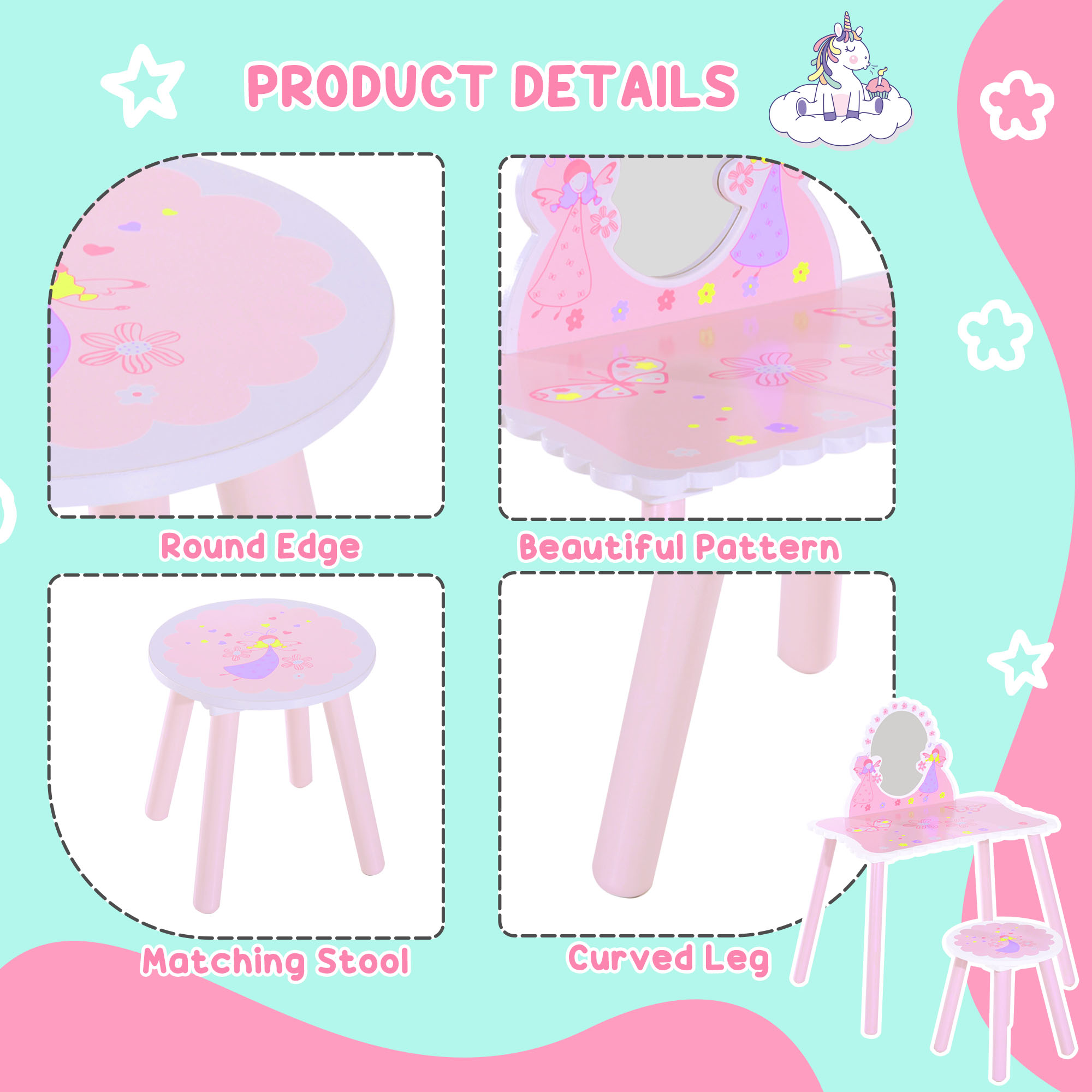 Kids Dressing Table Girls Pink Wooden Kids Dressing Table & Stool Make Up Desk Chair Toys Fairy Dresser Play Set W/Mirror