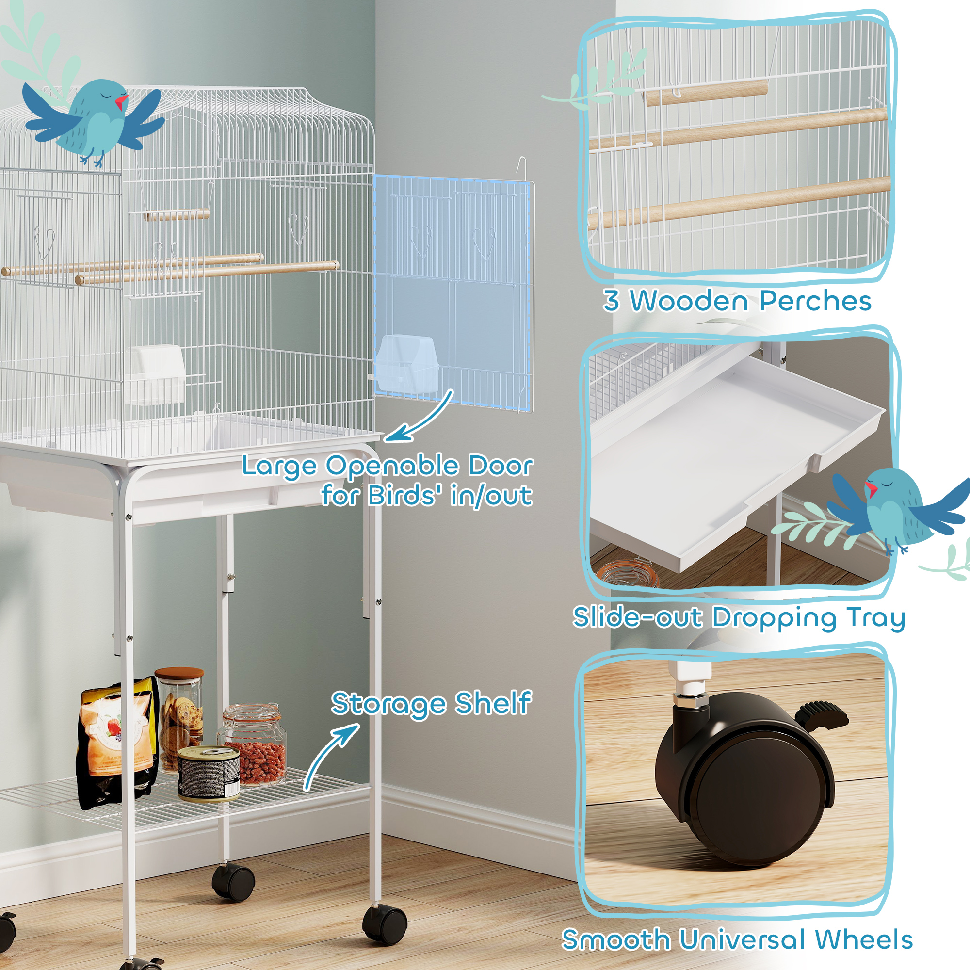 PawHut Bird Cage Budgie Cages For Finch Canary Parakeet With Stand Wheels Slide-out Tray Accessories Storage Shelf, White