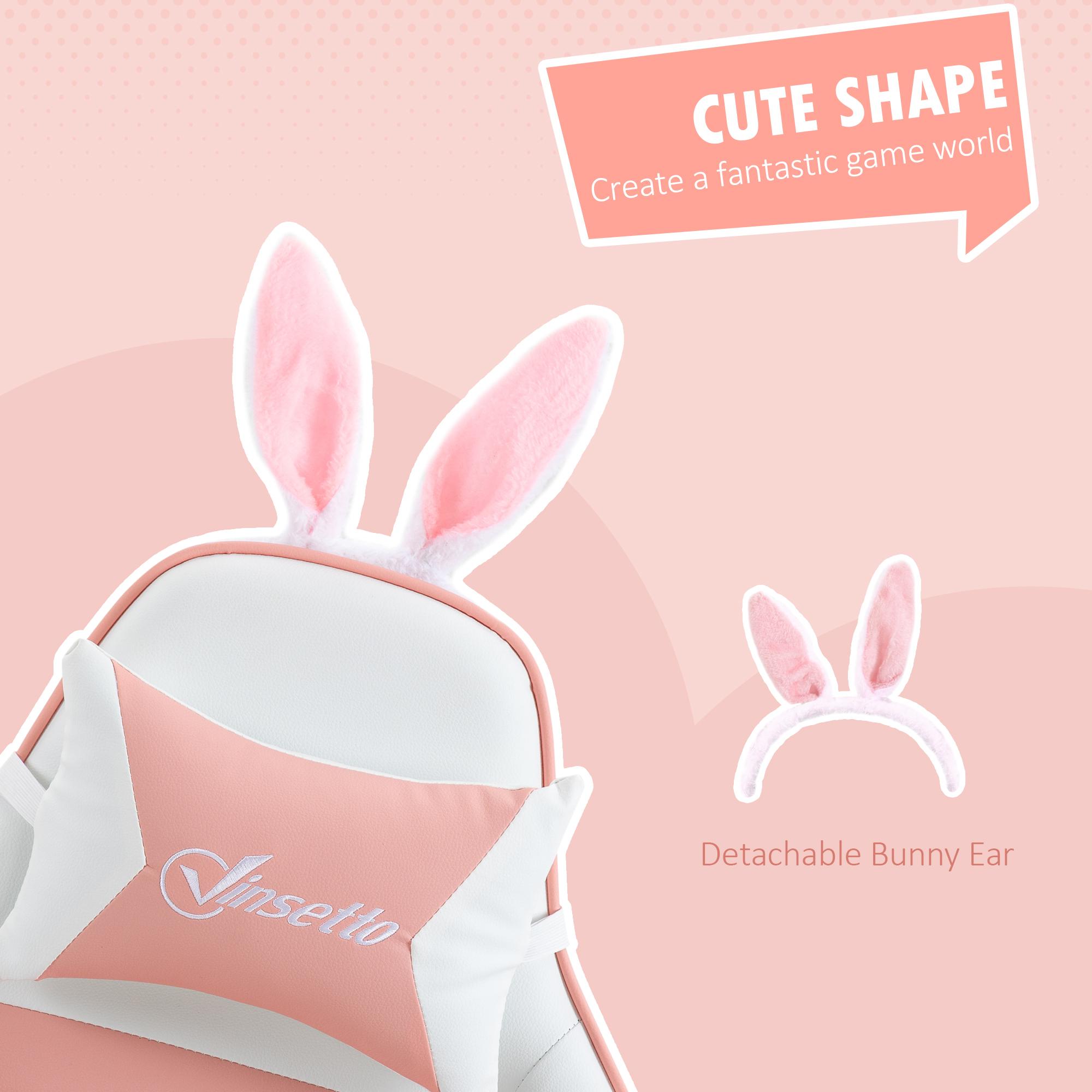 Vinsetto Racing Gaming Chair, Reclining PU Leather Computer Chair With Removable Rabbit Ears, Footrest, Headrest And Lumber Support, Pink 3