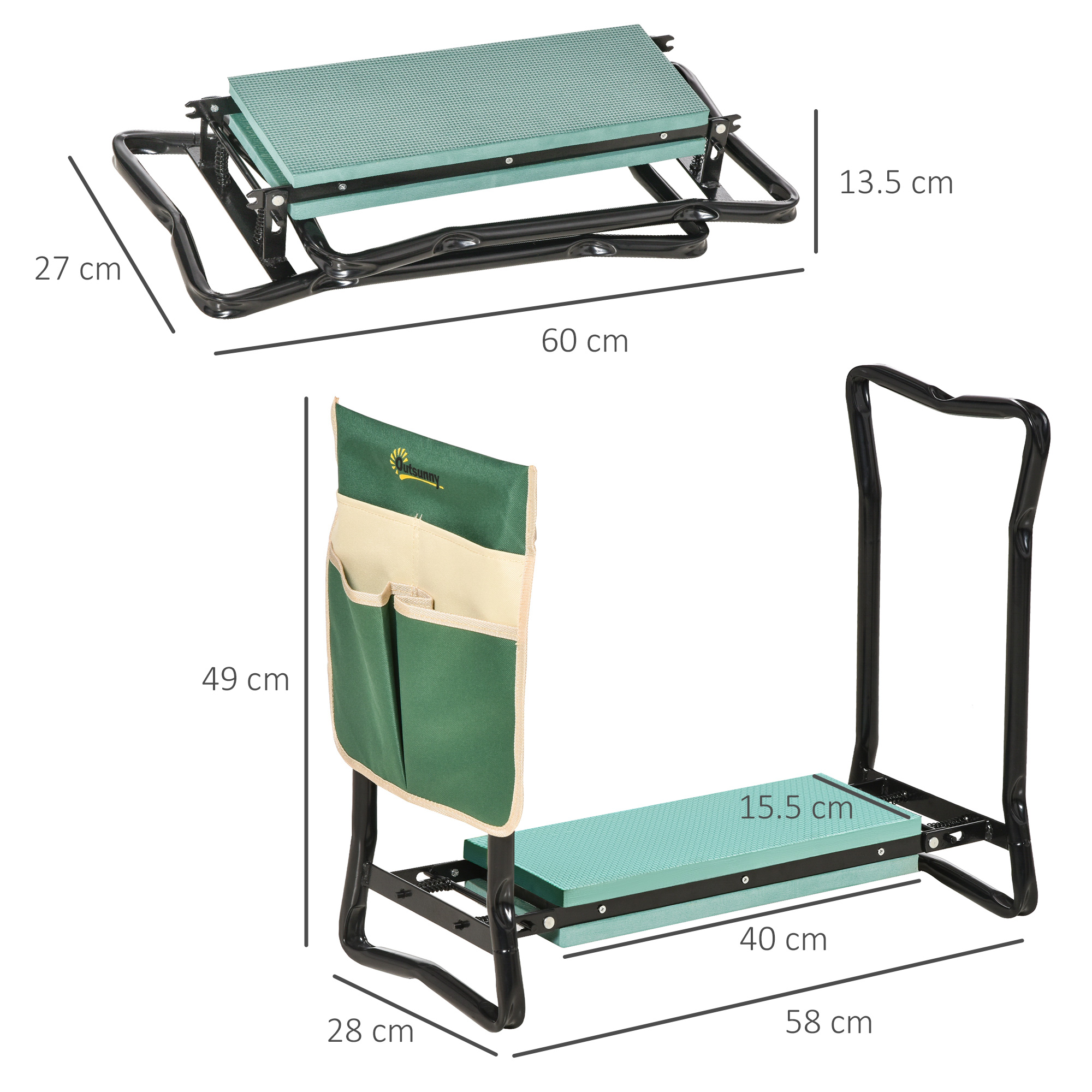 Steel frame padded garden kneeler, with tool bag - green