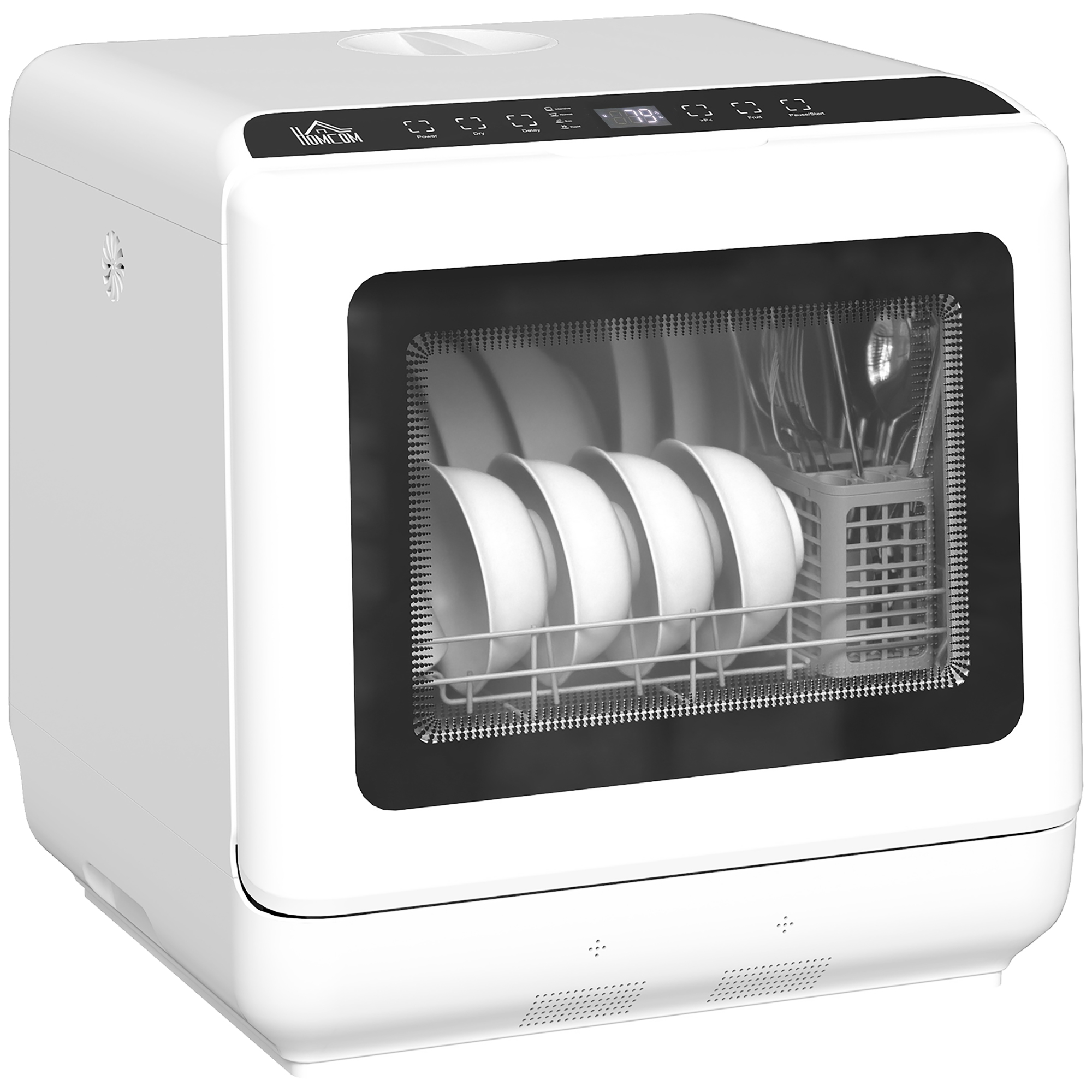 Compact white tabletop dishwasher with glass door