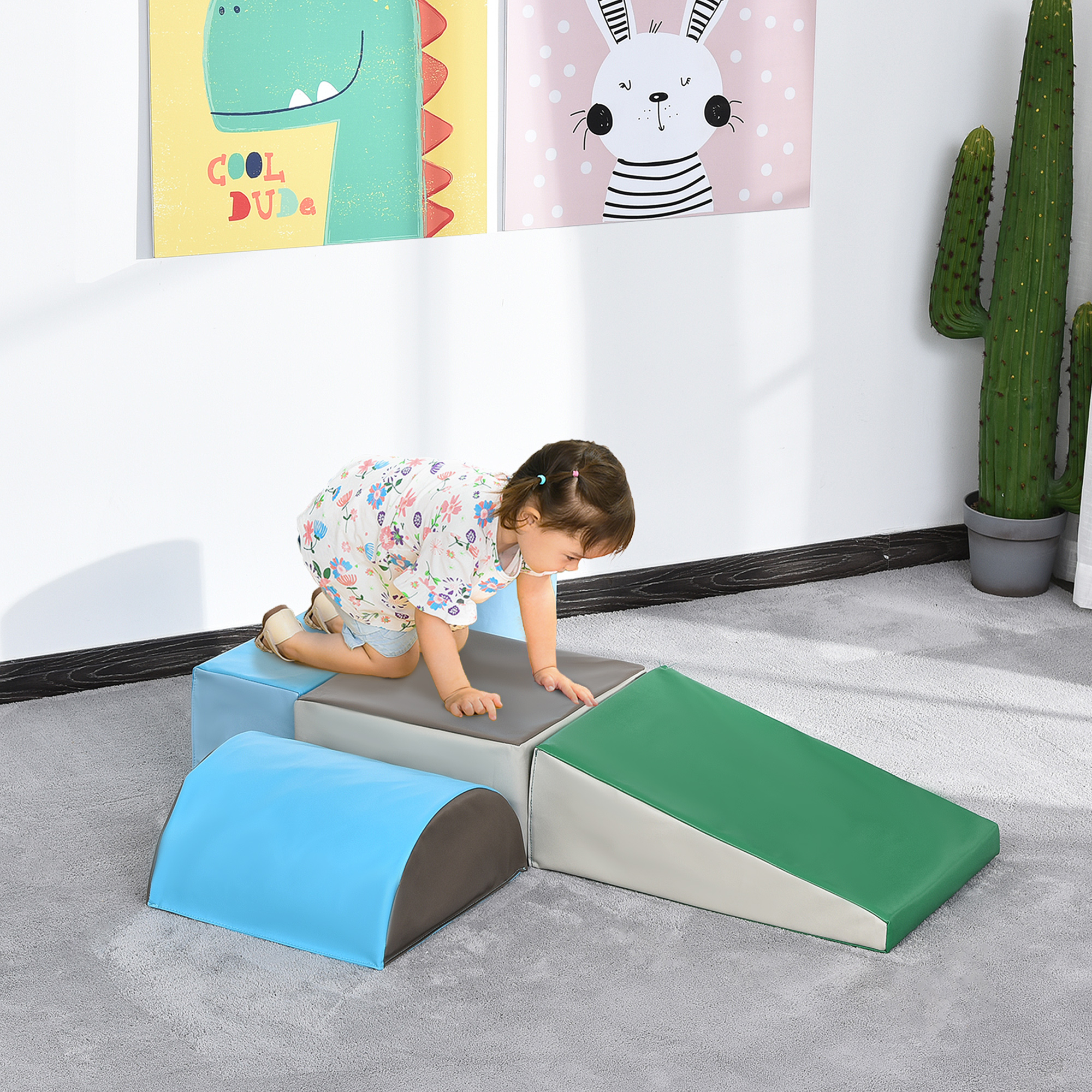 5 Piece Kids Soft Play Set, Climb And Crawl Activity Toys Set For Baby Toddler, Soft Foam Blocks Indoor Play Equipment Learning Toys Blue