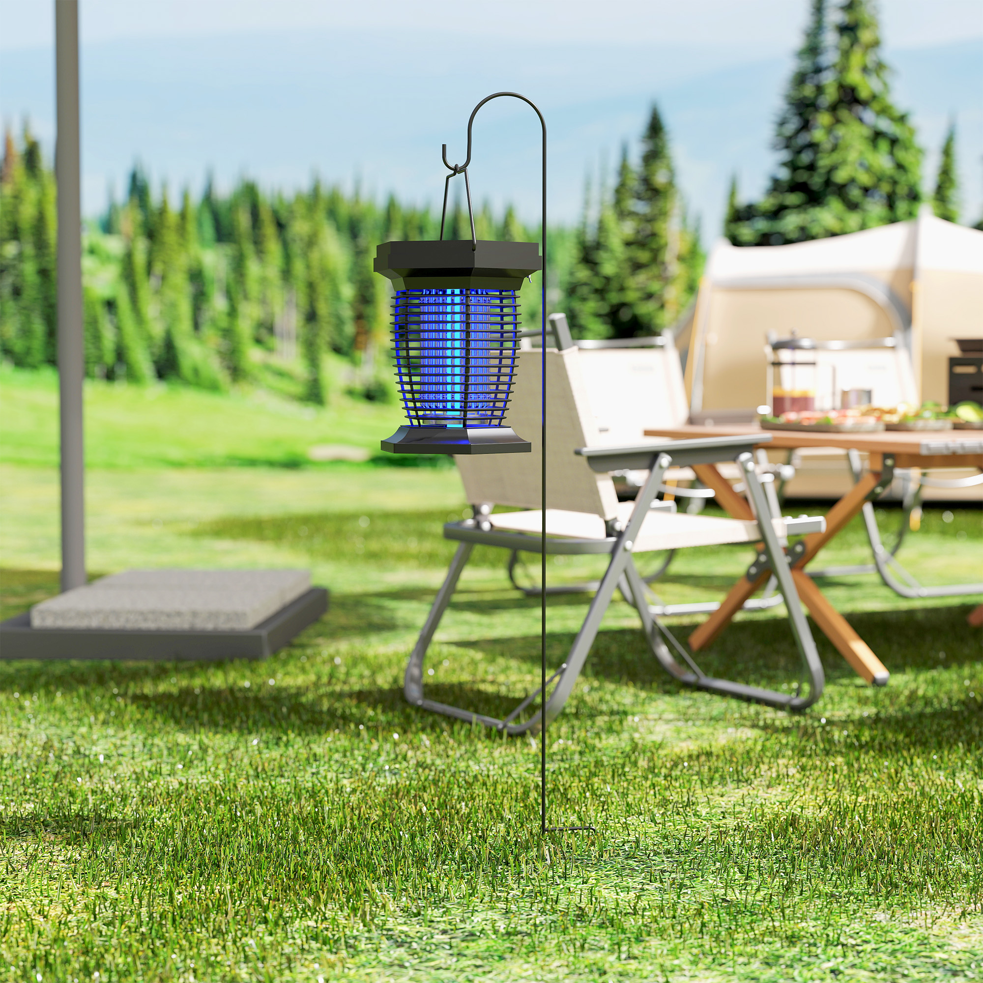 SoilCommander solar bug zapper lantern illuminated at dusk in a garden