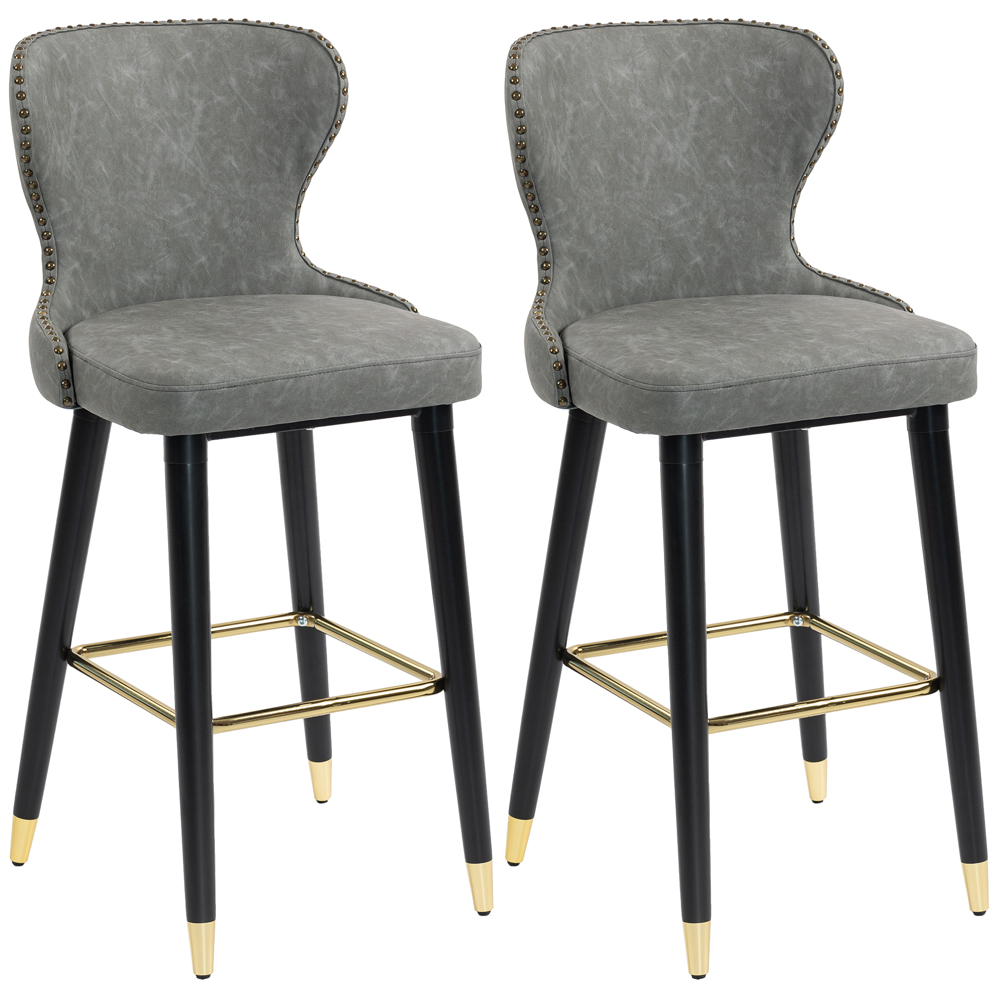 Grey PU leather bar stools with curved backs and rubberwood legs