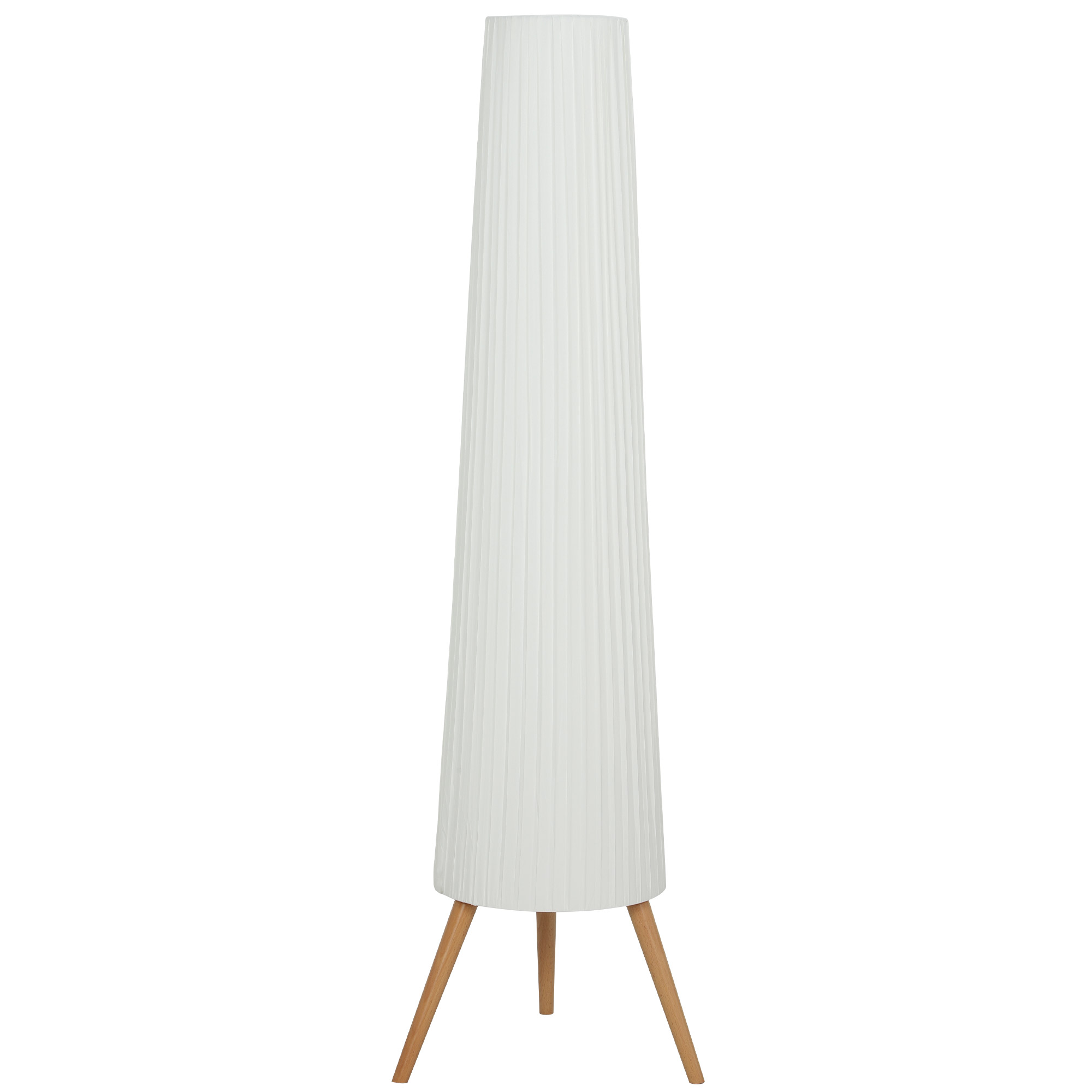 Tripod floor lamp with pleated white fabric shade and natural pine wood legs, switched on with a warm 3000K glow