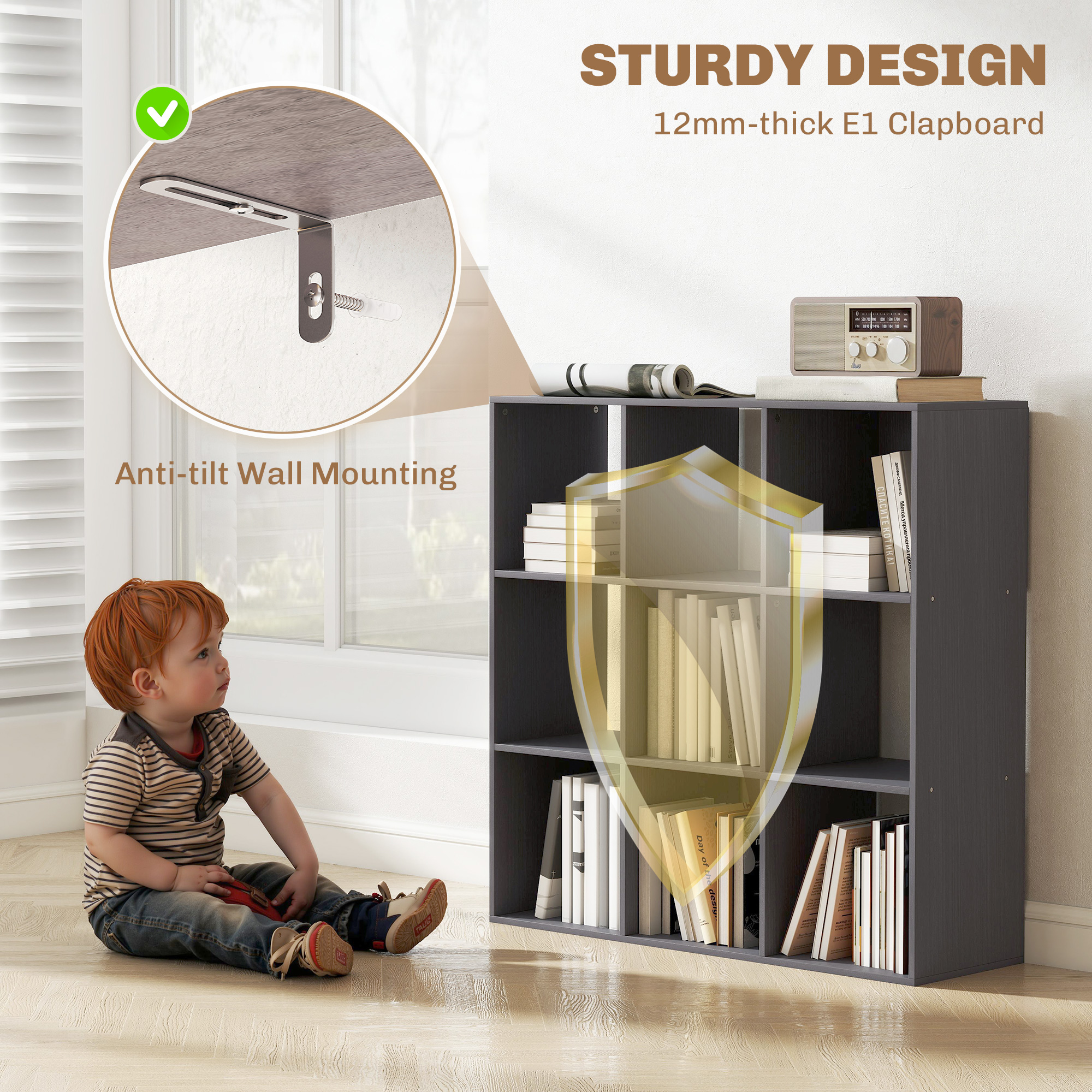 Nine-cube storage shelf - grey