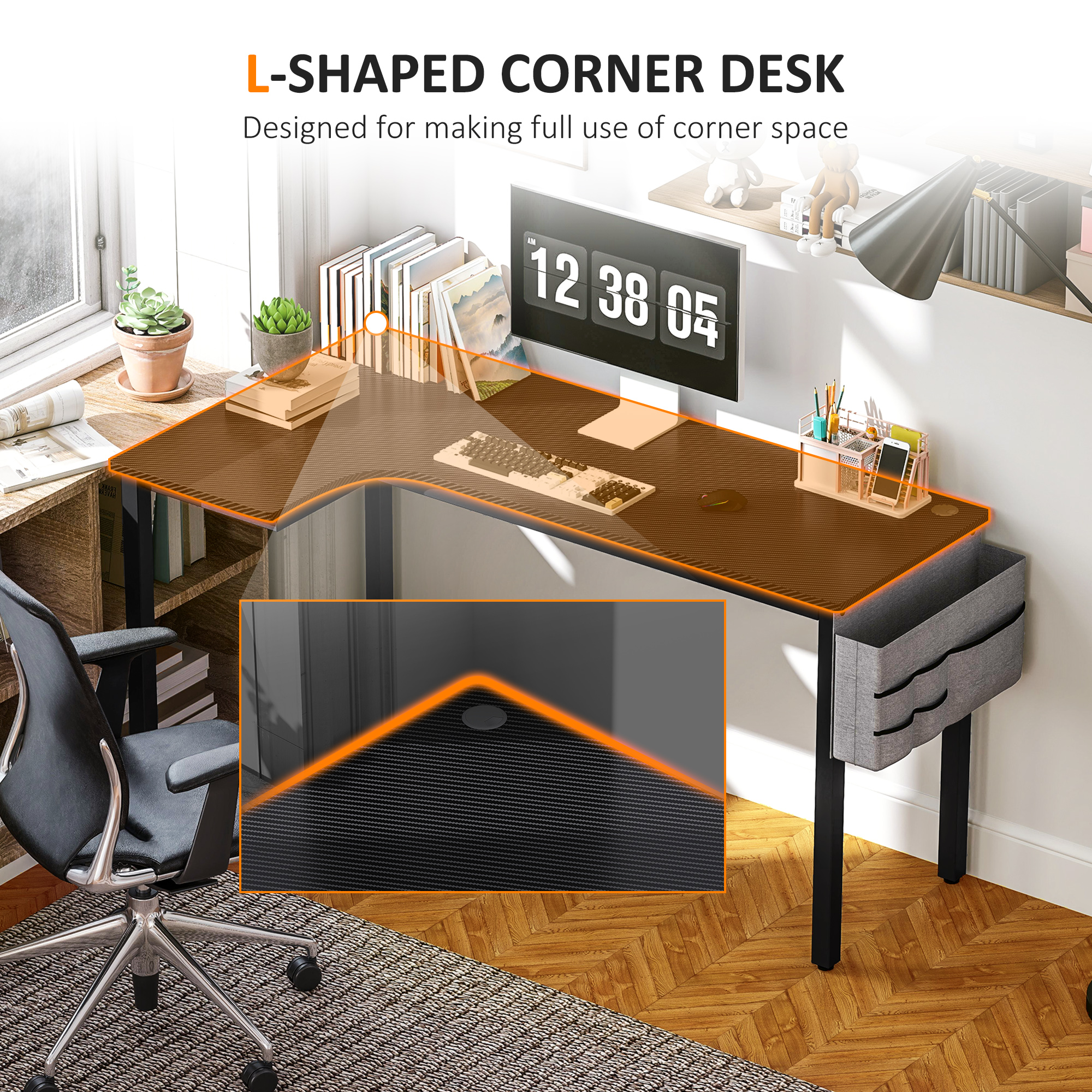 L-Shaped Computer Gaming Desk With Fabric Bag, Hooks And Cable Management, 145 X 81 X 76cm - Black 4