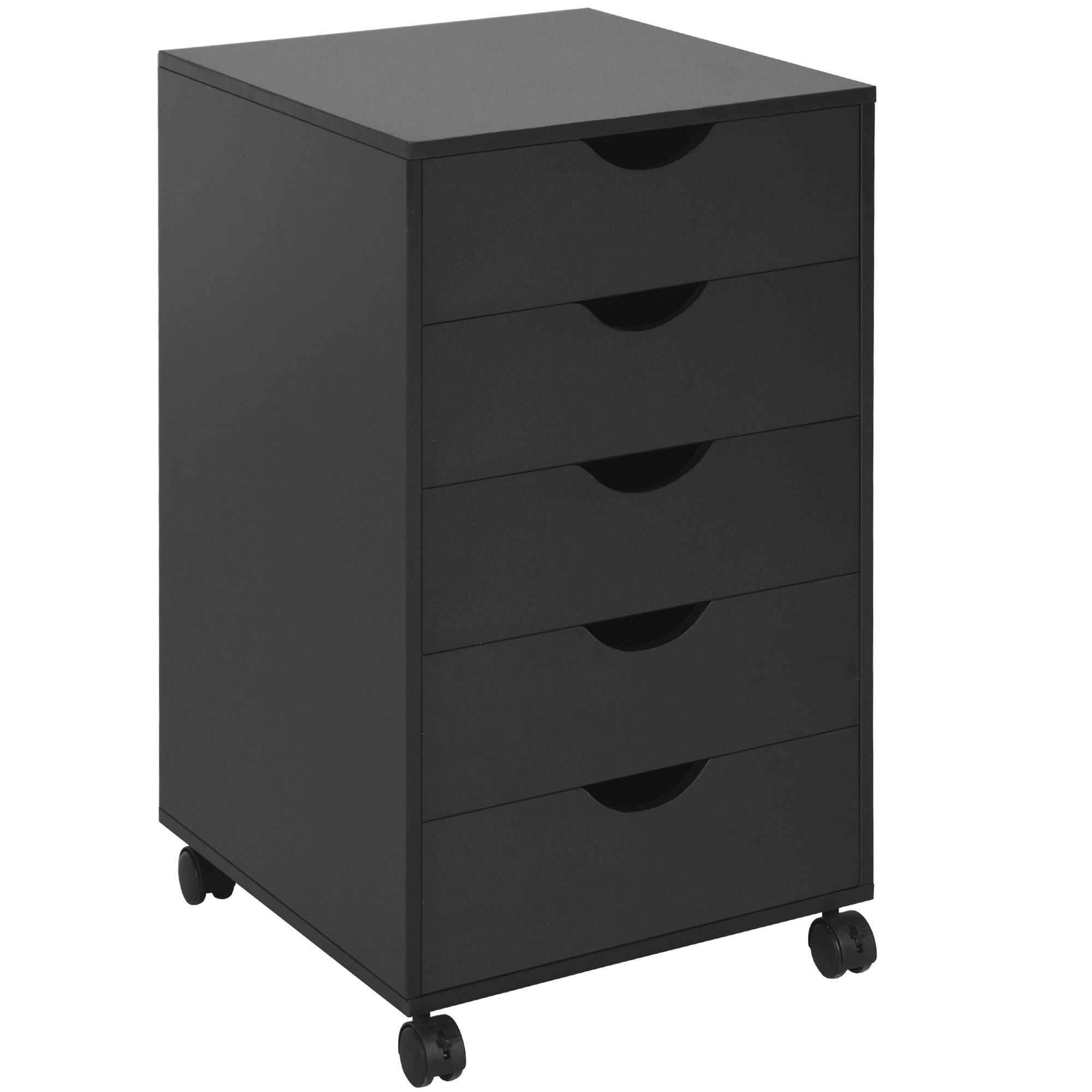 Matte black 5-drawer mobile filing cabinet on castors