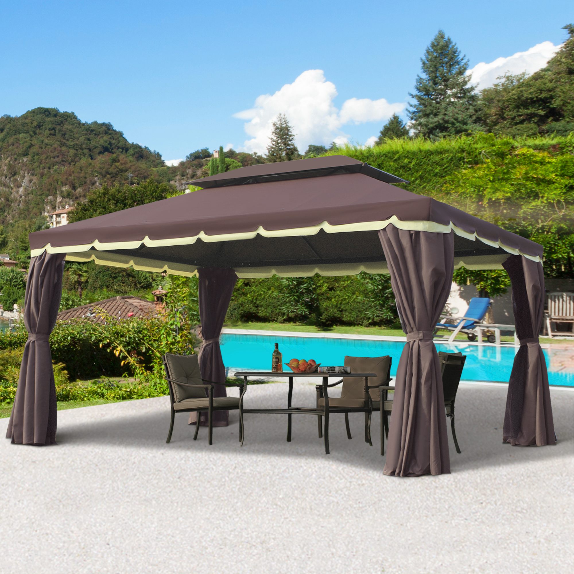 10 x 13 Patio Gazebo, Aluminum Frame Double Roof Outdoor Gazebo Canopy Shelter with Netting & Curtains, Coffee